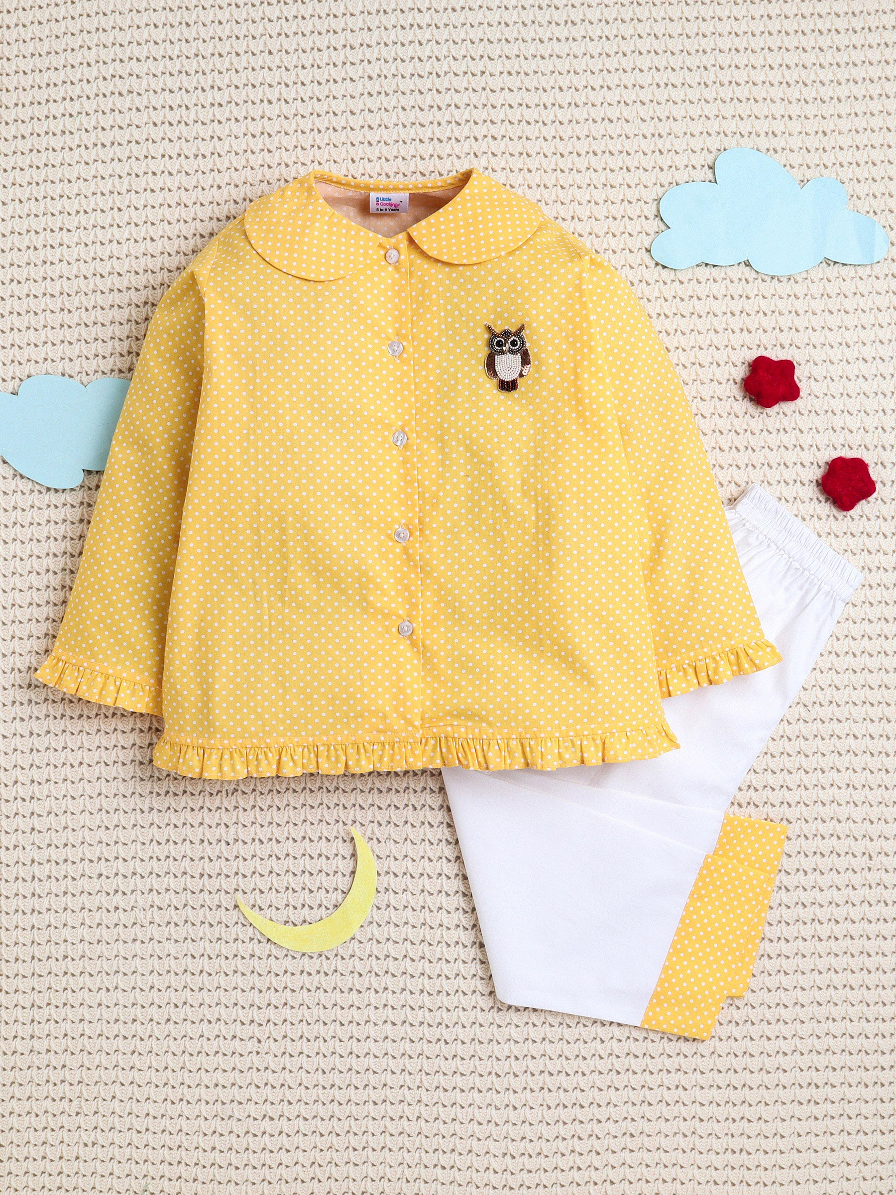 Yellow Polka Dots Owl Patch PJ Set