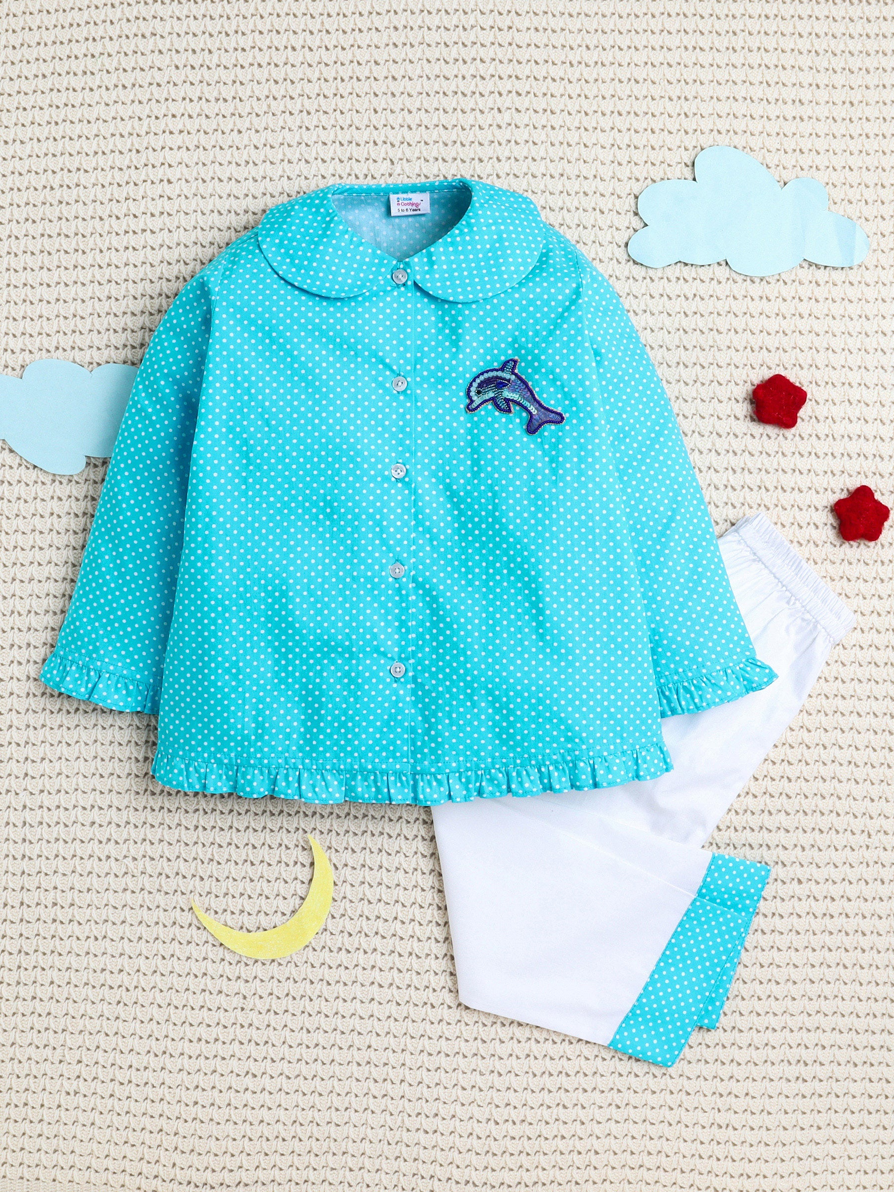 Blue Polka Dots Dolphin Patch PJ Set
