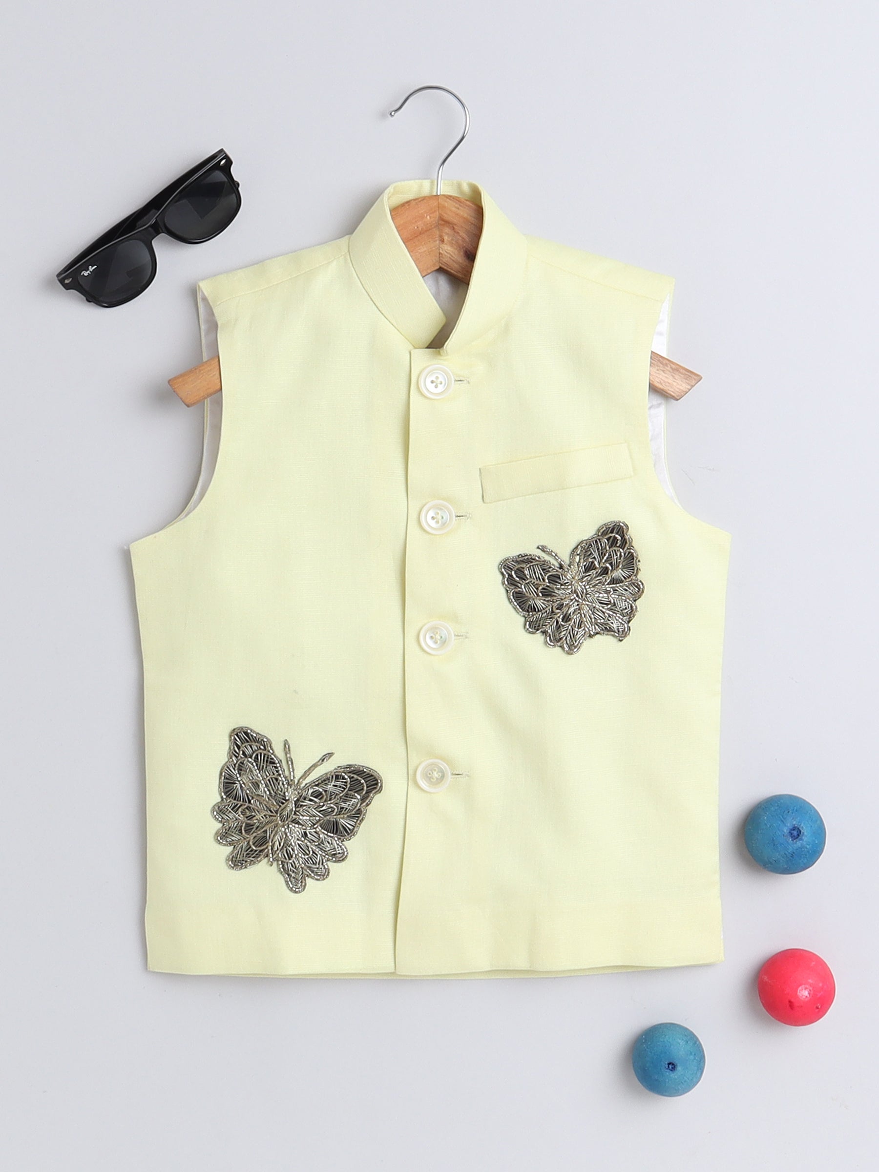 Pure Linen Nehru jacket -   Gold  color embroidery - Yellow