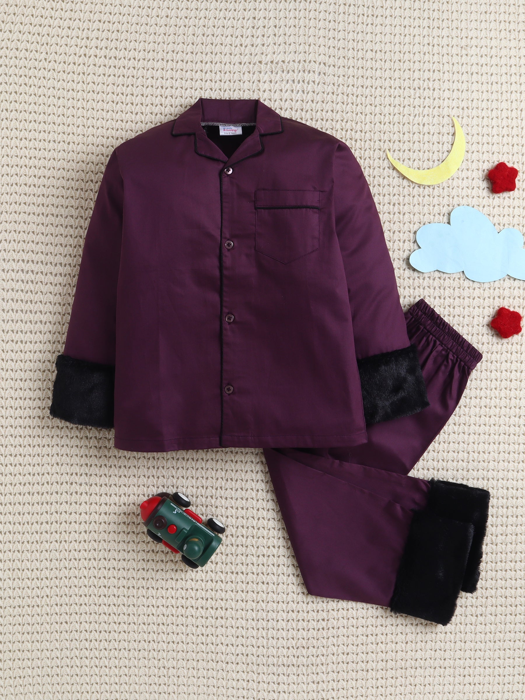 Midnight Plum Luxe Cotton Silk Nightsuit Set with Faux Fur Trims