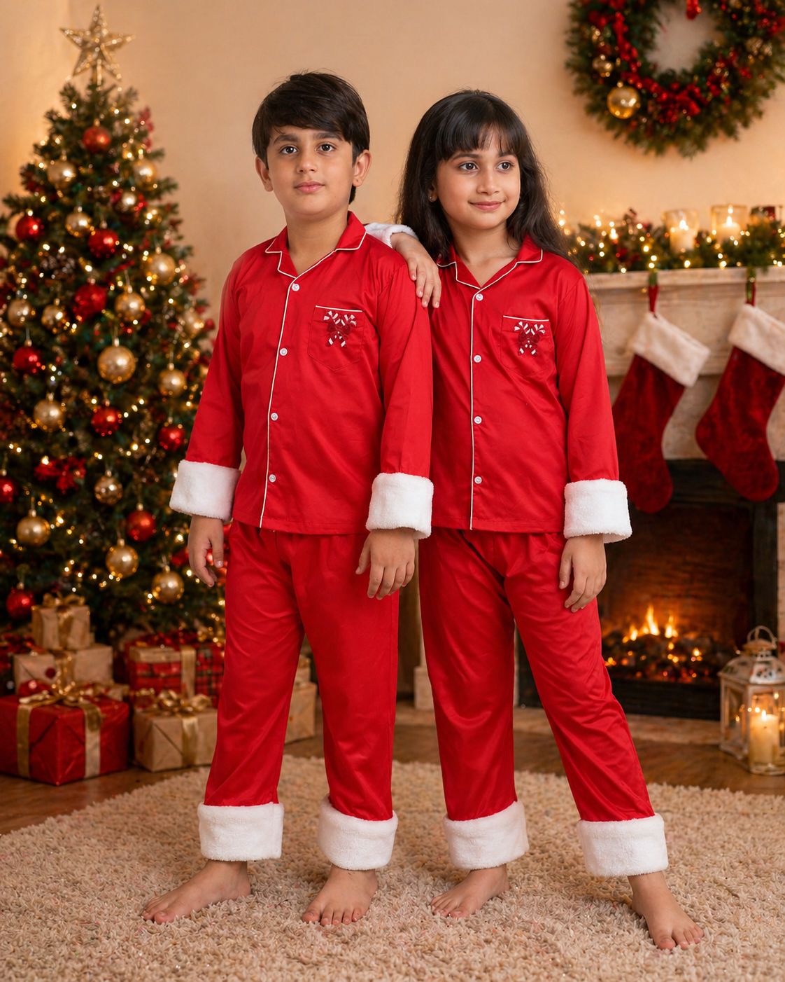 Christmas Red Cotton Silk Nightsuit Set with Faux Fur & Christmas Motif detailing