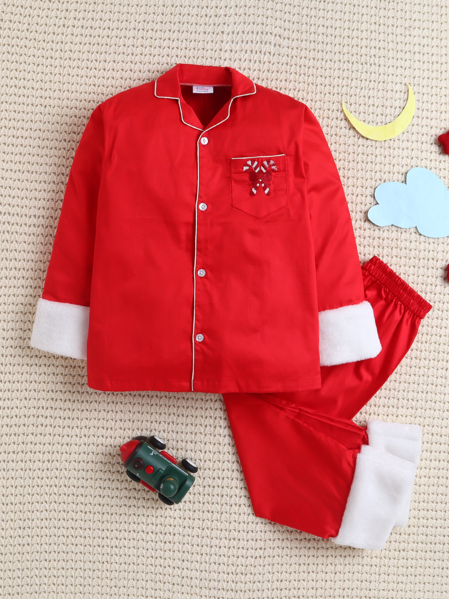 Christmas Red Cotton Silk Nightsuit Set with Faux Fur & Christmas Motif detailing