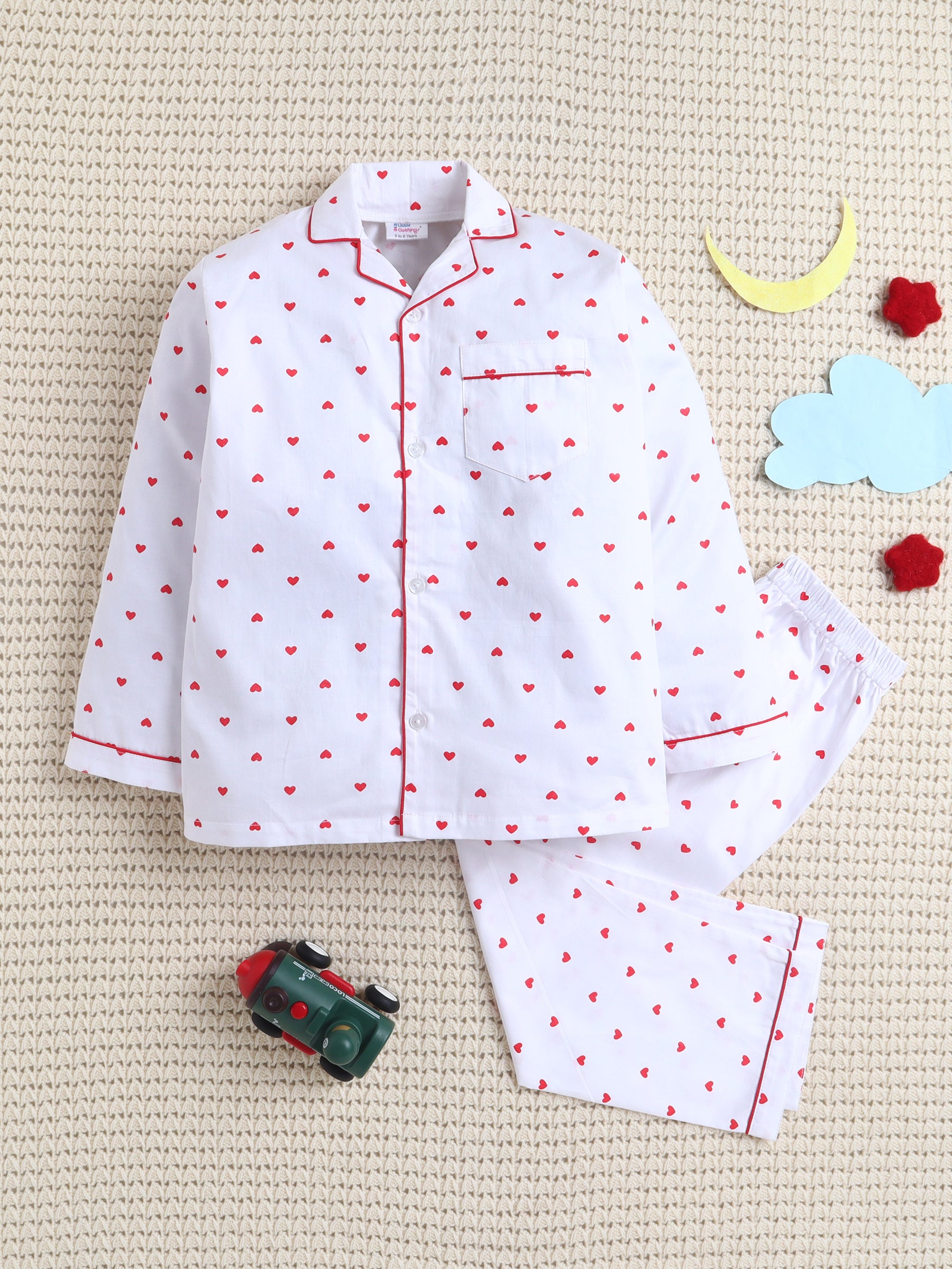 Sweetheart themed White Cotton Nightsuit Set with Red Heart Print