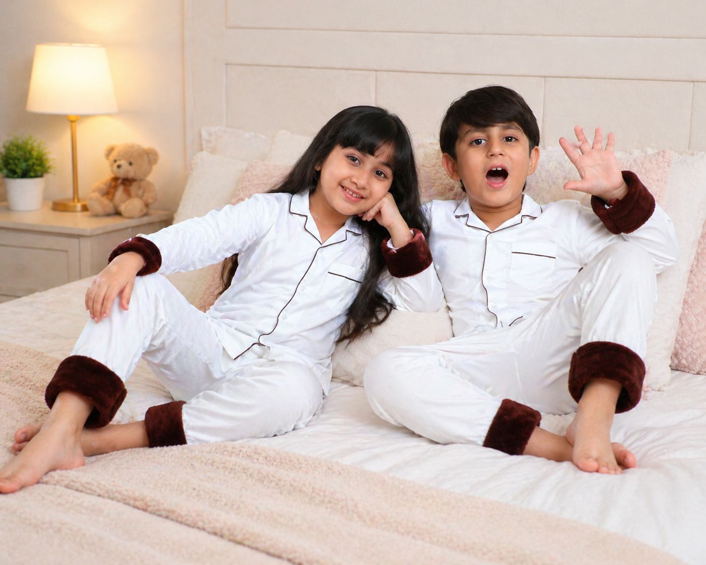 Midnight Off White Luxe Cotton Silk Night suit Set with Faux Fur Trims
