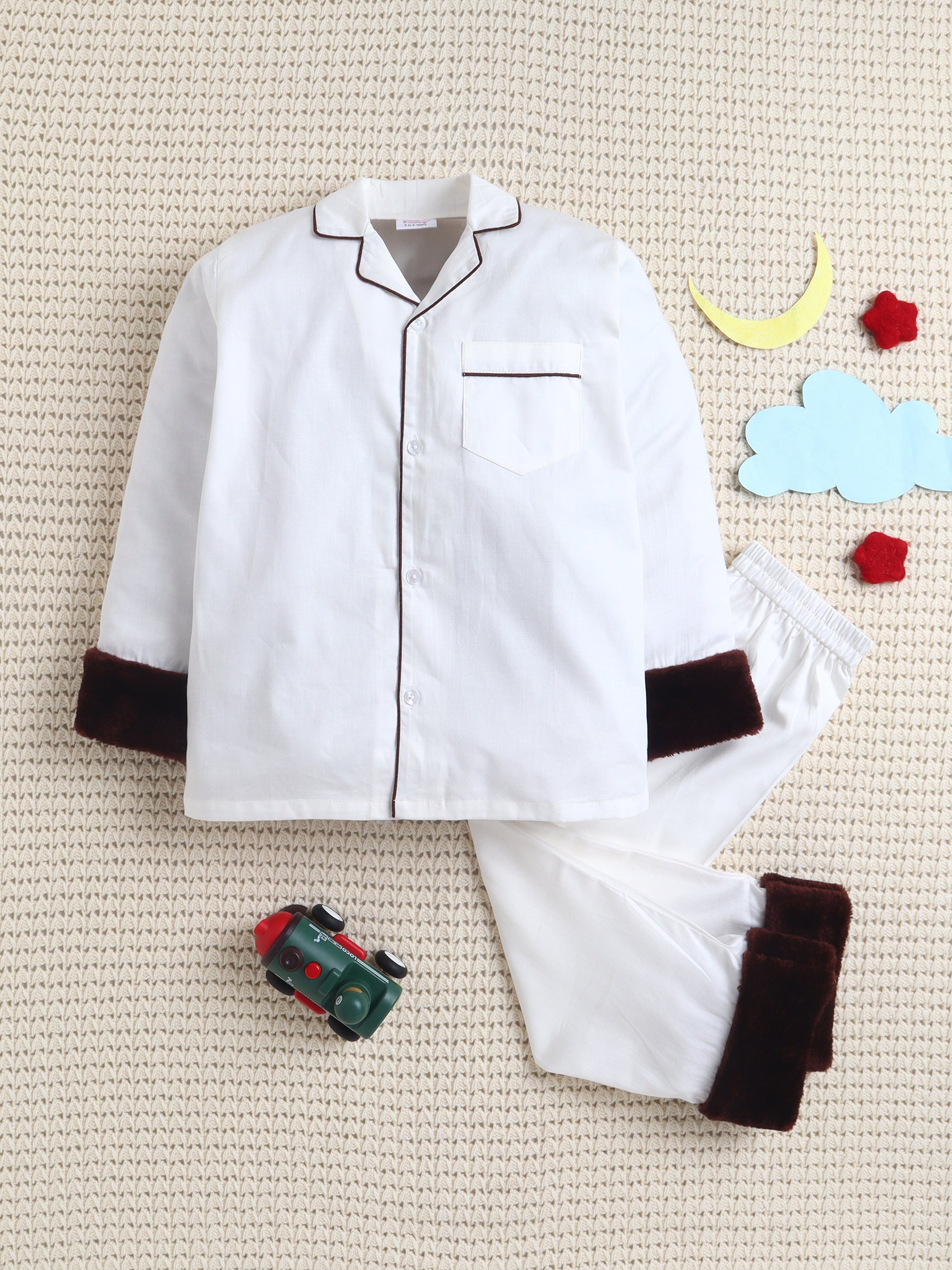 Midnight Off White Luxe Cotton Silk Night suit Set with Faux Fur Trims