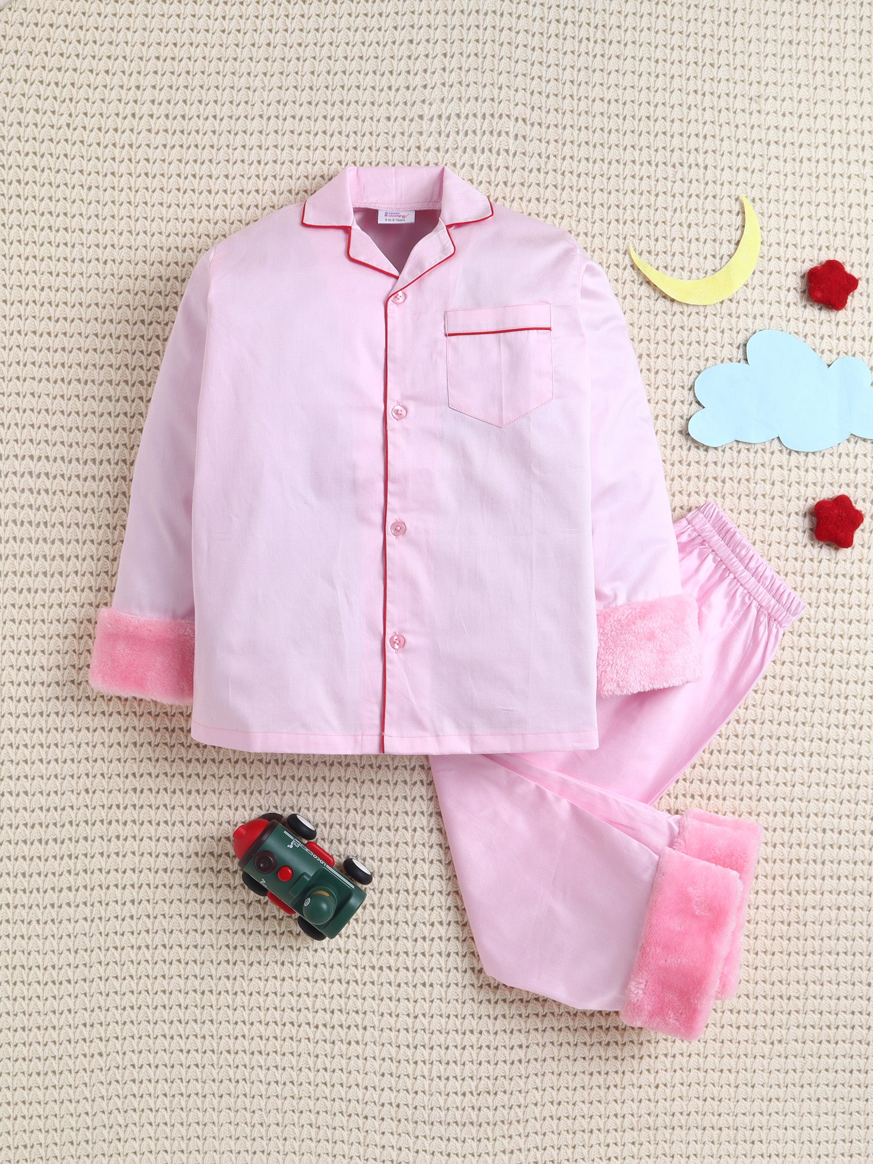 Midnight Pink Luxe Cotton Silk Nigh tsuit Set with Faux Fur Trims