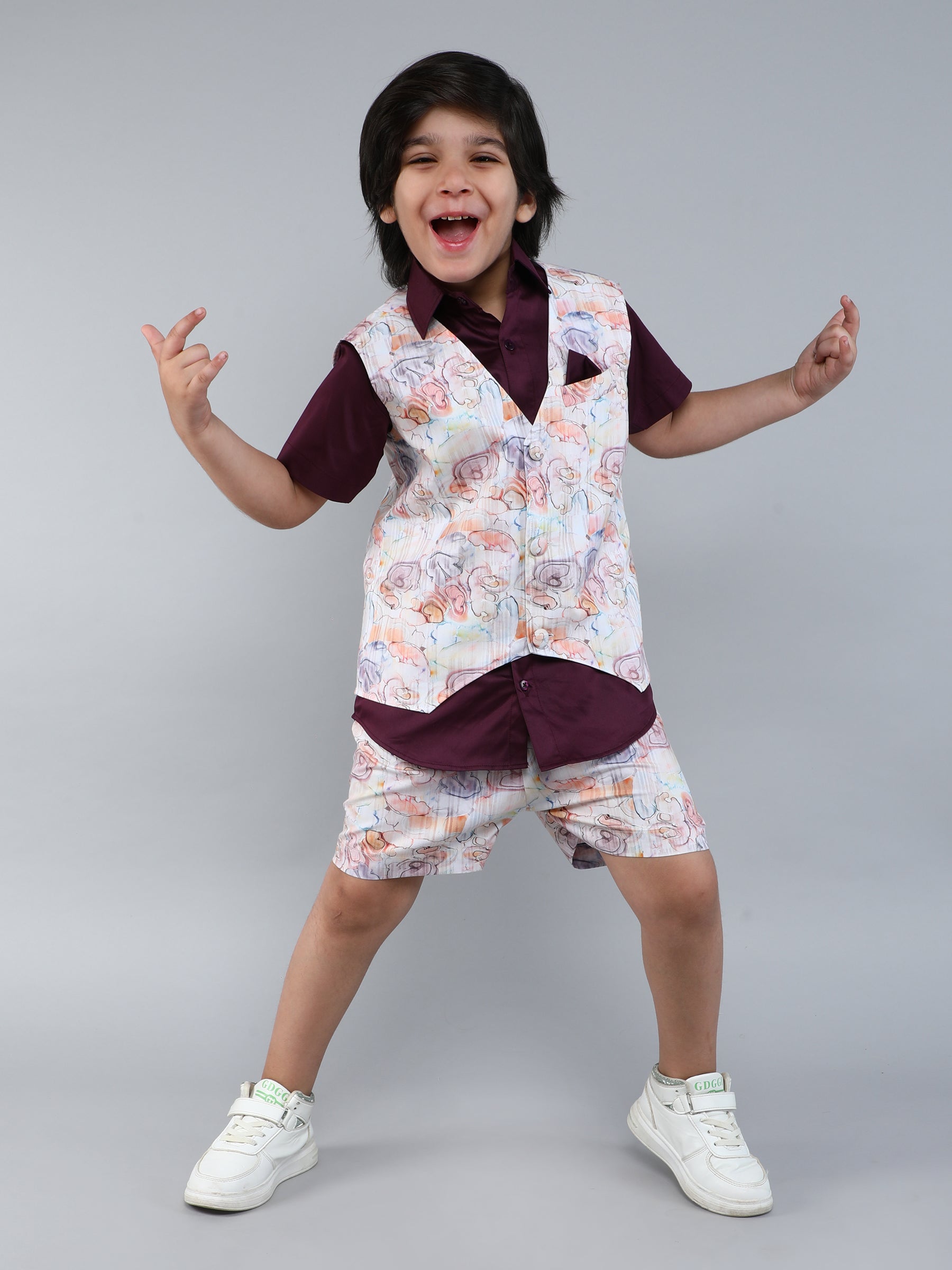 Wine Cotton Silk Shirt with Printed Shorts and Waistcoat Set
