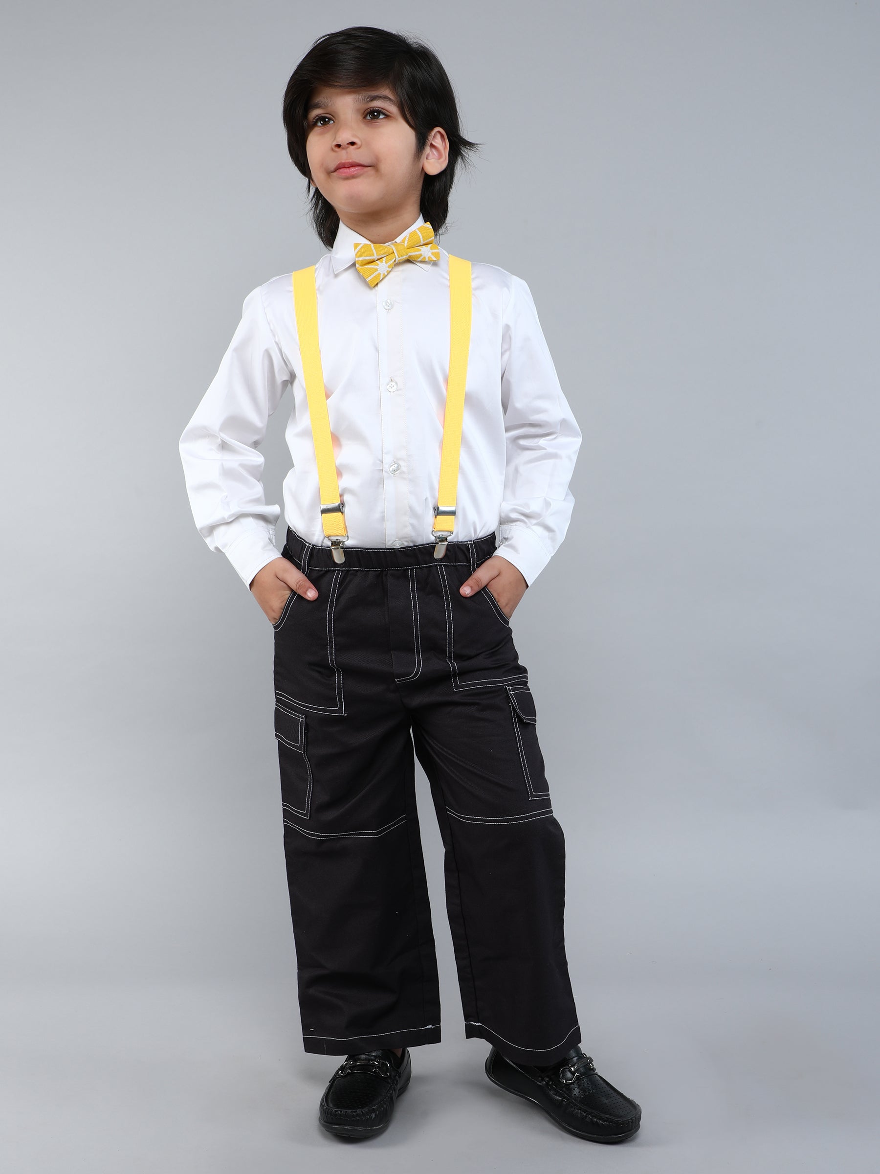 White Cotton Silk Shirt with Suspenders and Bowtie