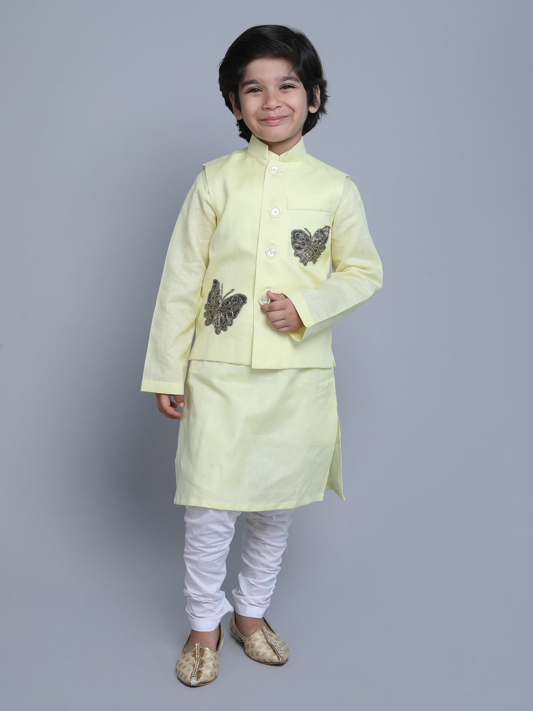 Pure Linen 3pcs Kurta Set - Gold color embroidery - Yellow