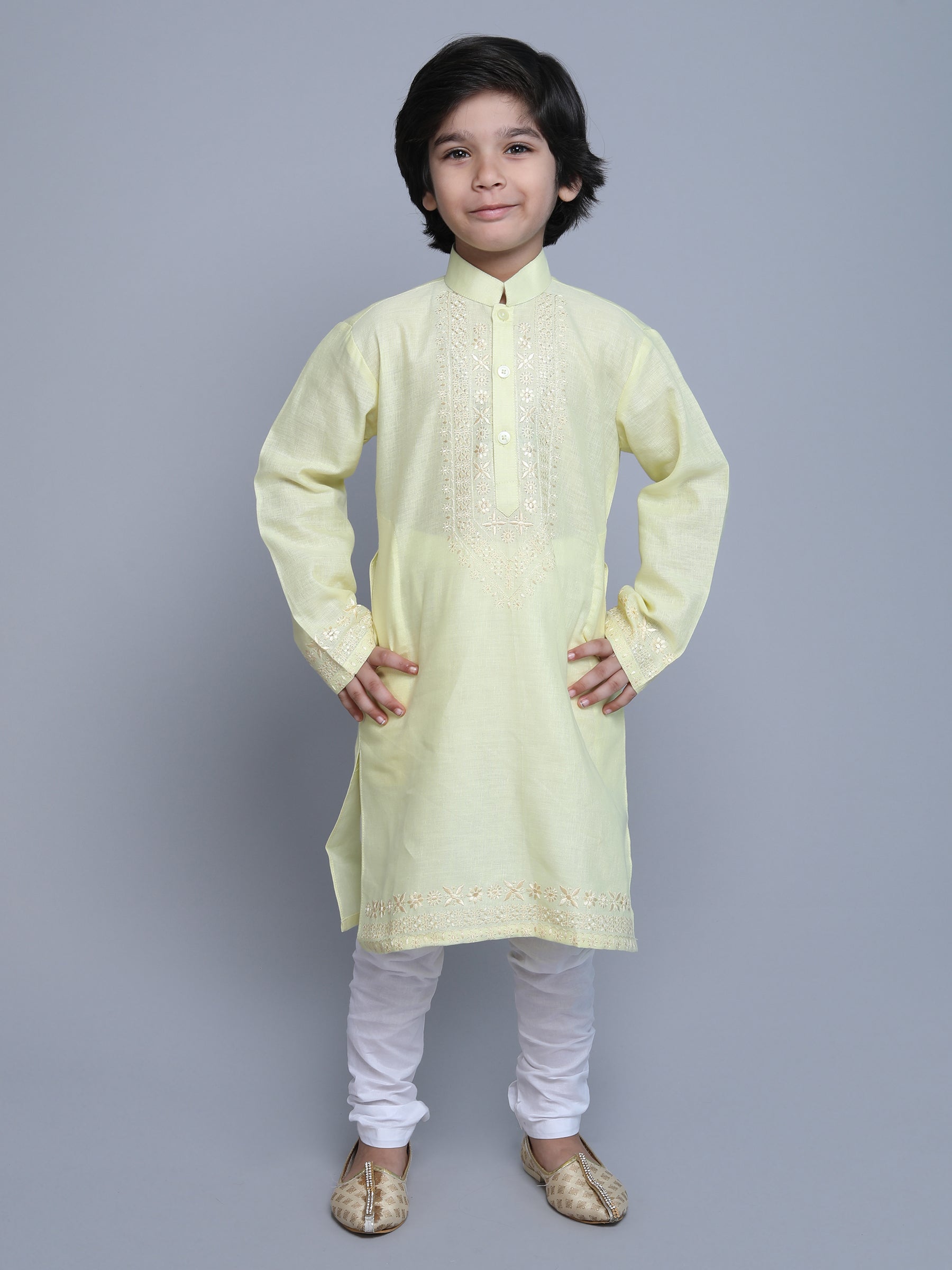 Pure Linen Kurta Set - self color embroidery - Yellow