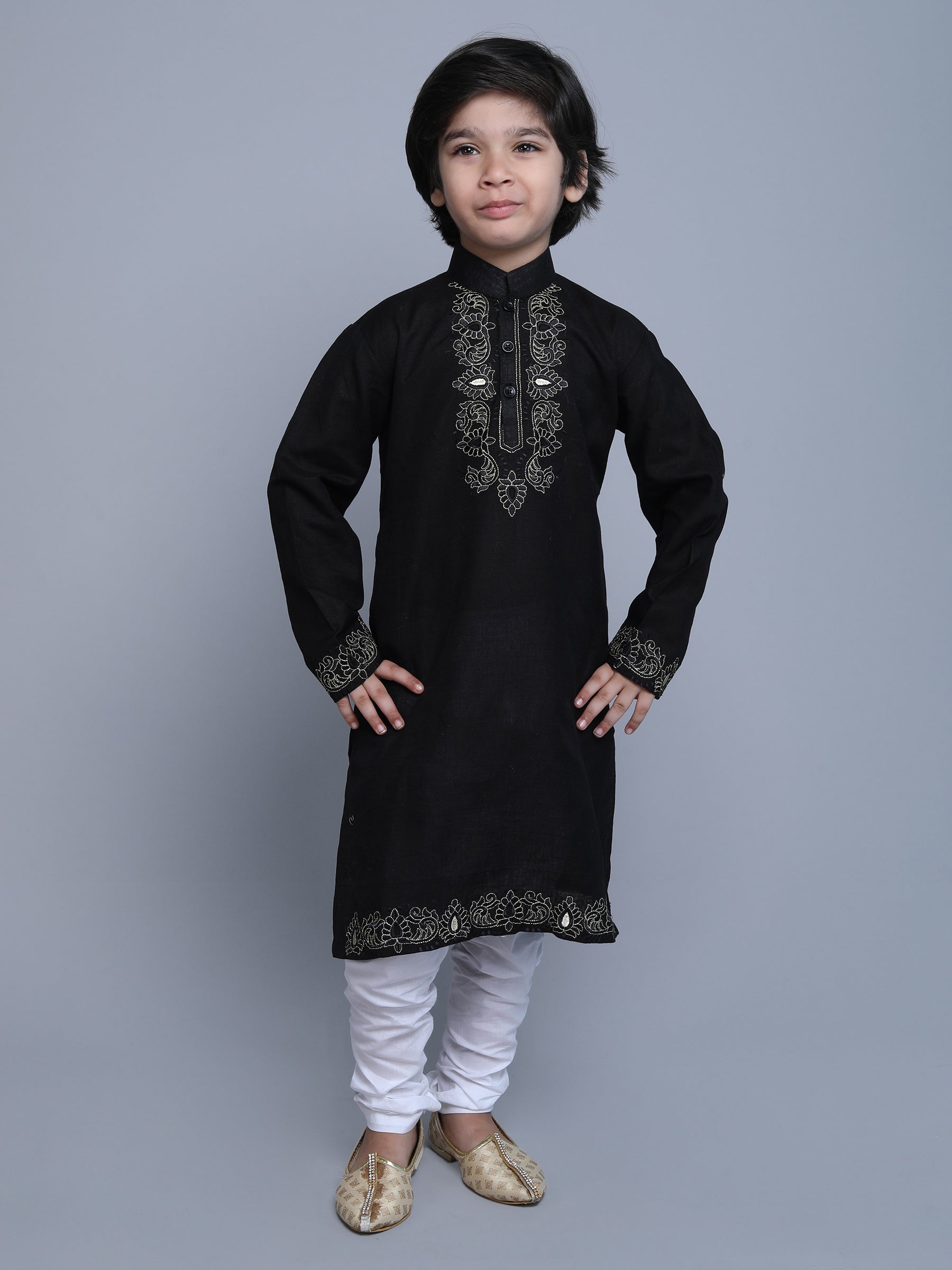 Pure Linen Kurta Set -  White color embroidery - Black