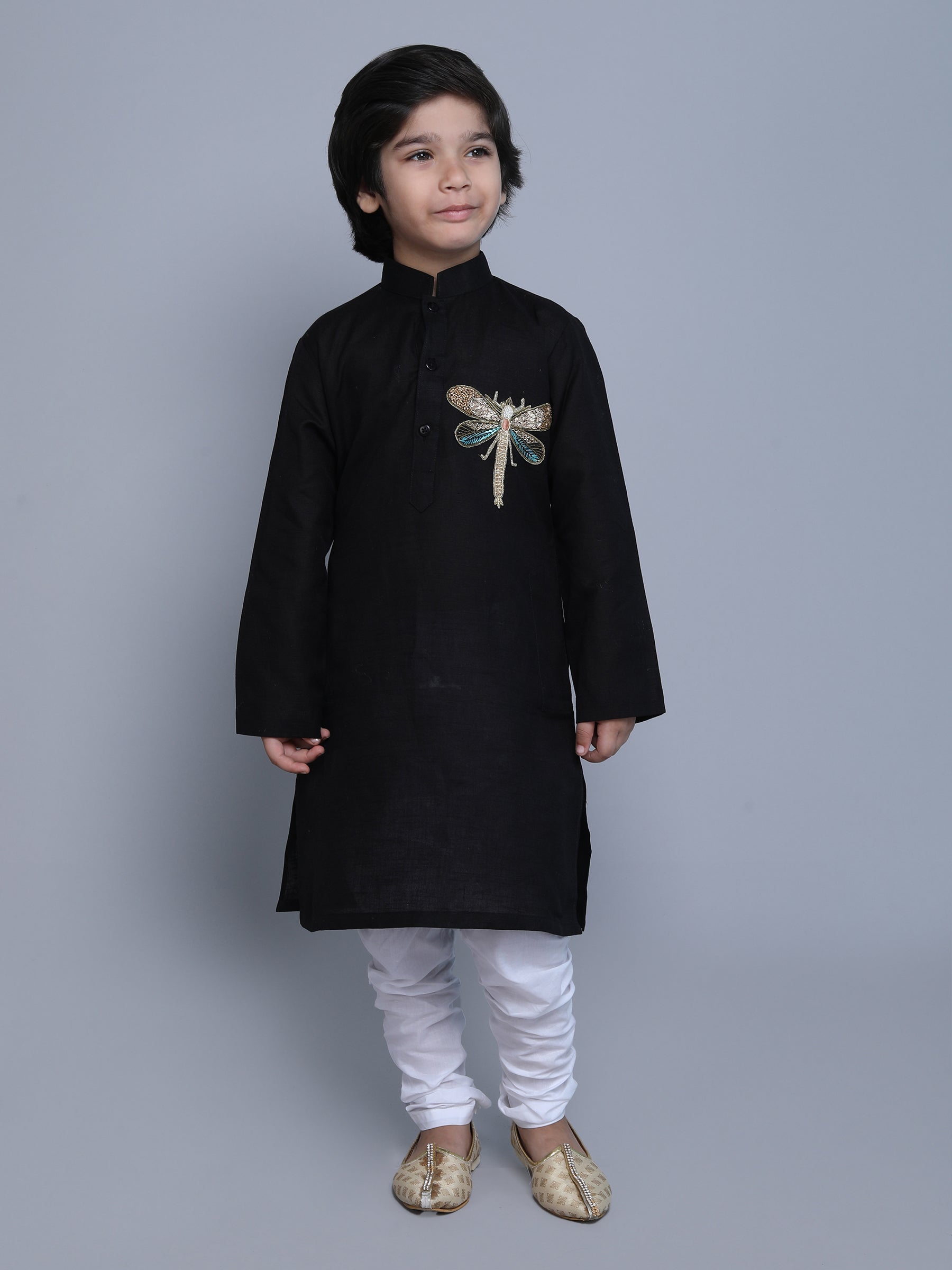 Pure Linen Kurta Set - colored embroidery - Black