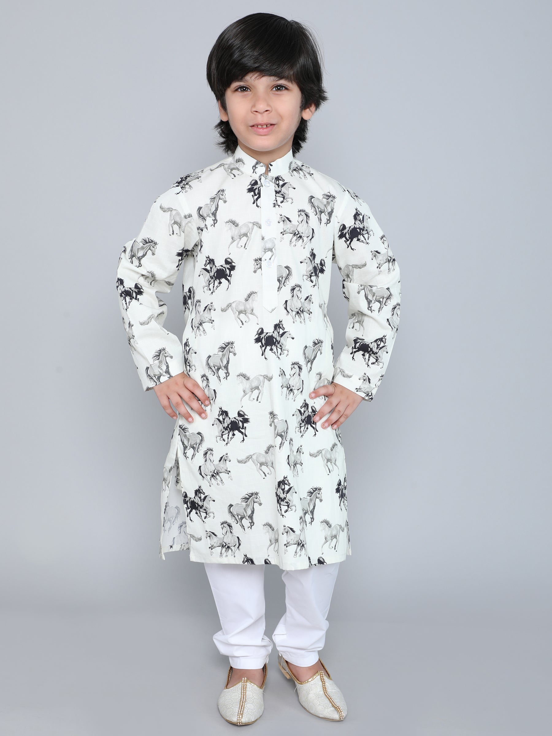 Off White Horse Print Cotton Kurta Set