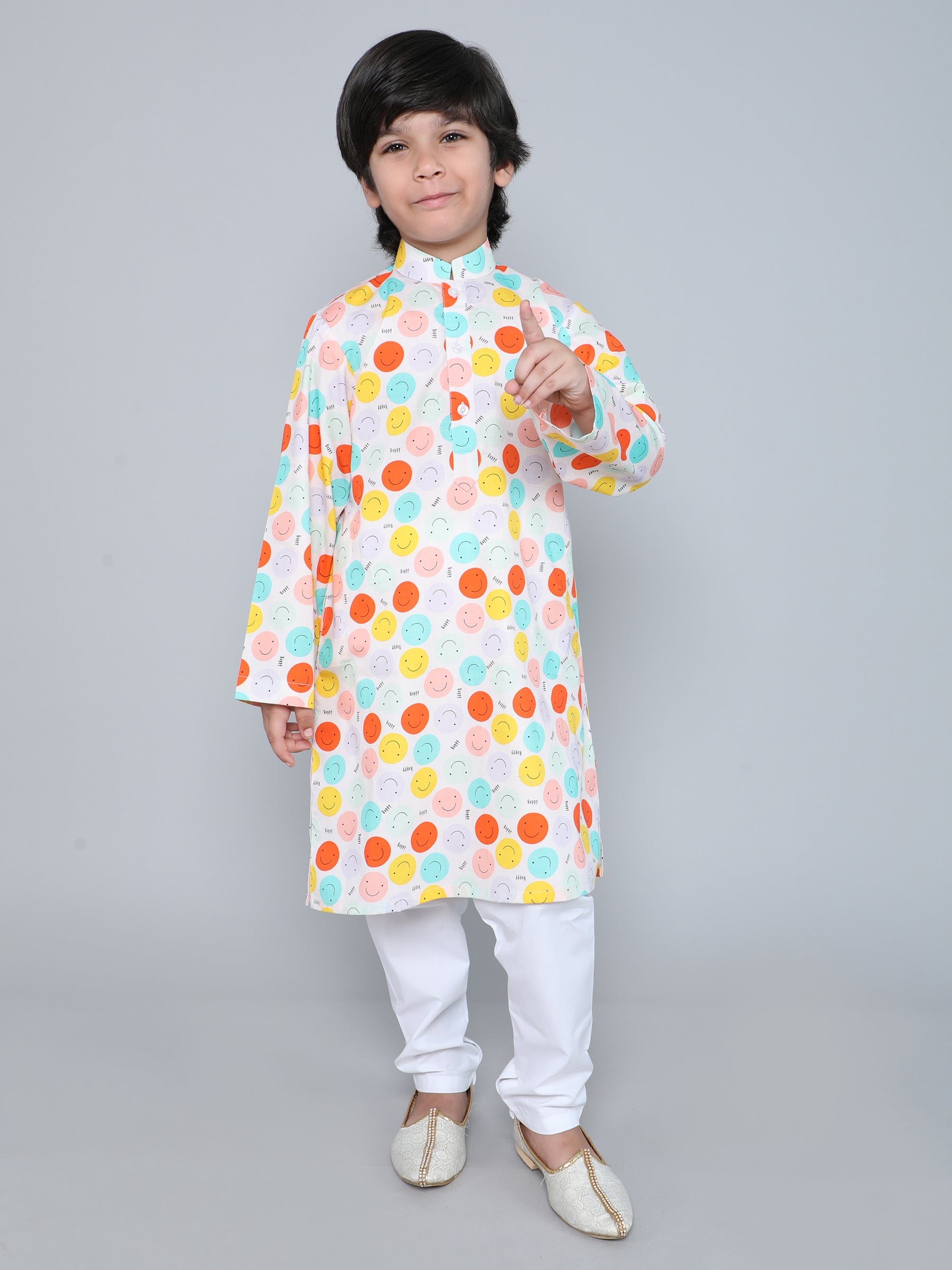 Cream Smiley Print Cotton Kurta Set