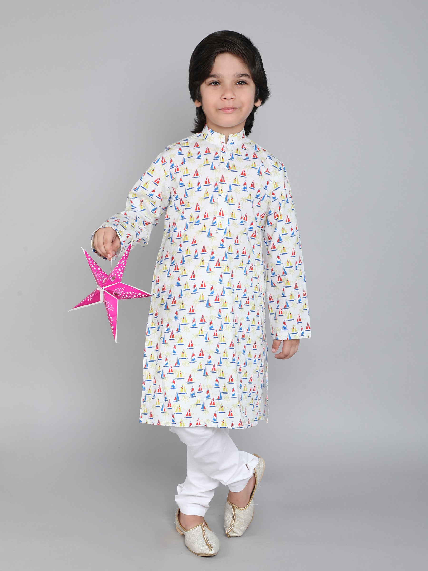 Cotton Ship Print Kurta Set - Cream