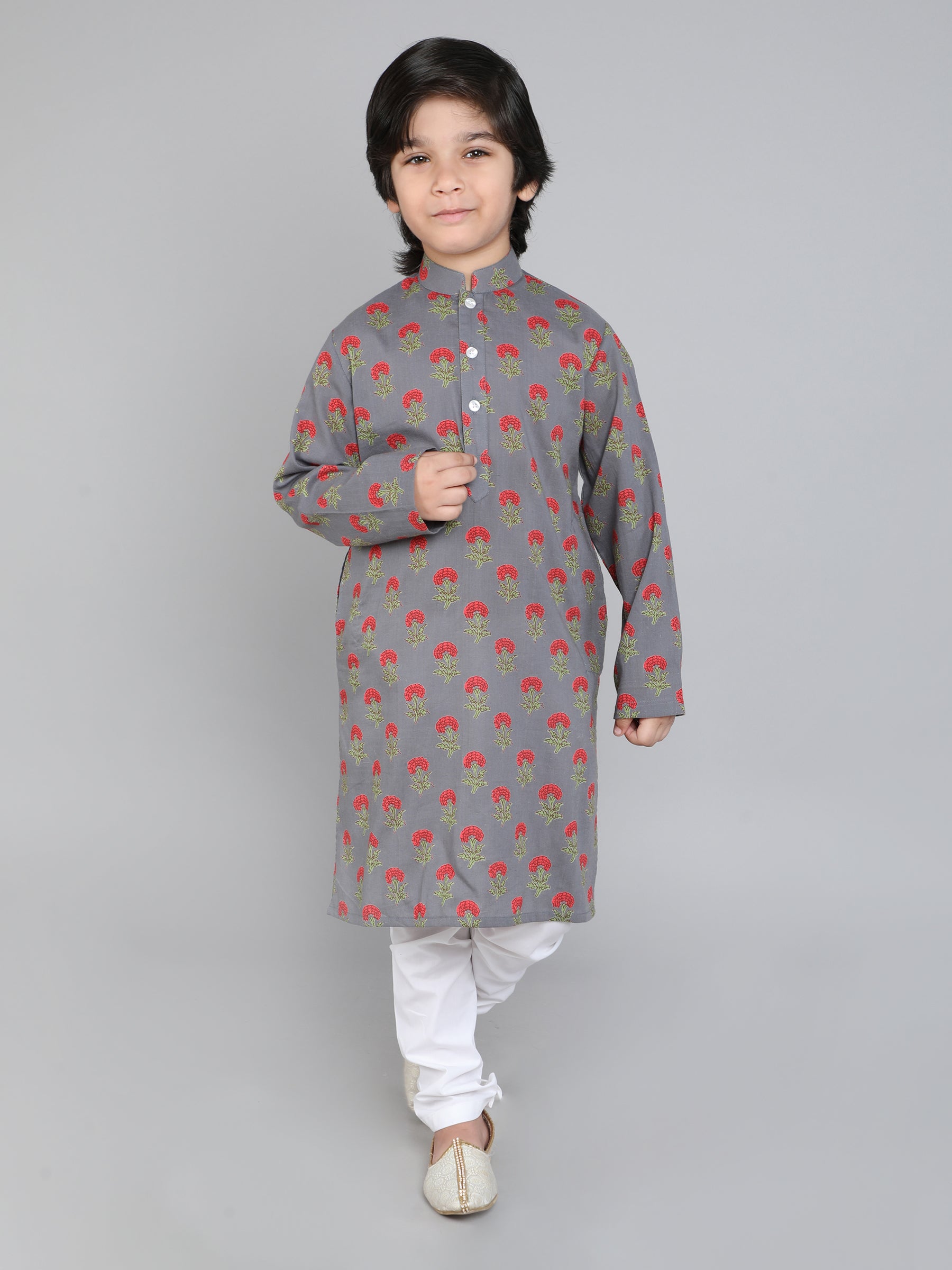 Hand Block Print Kurta Set - Grey