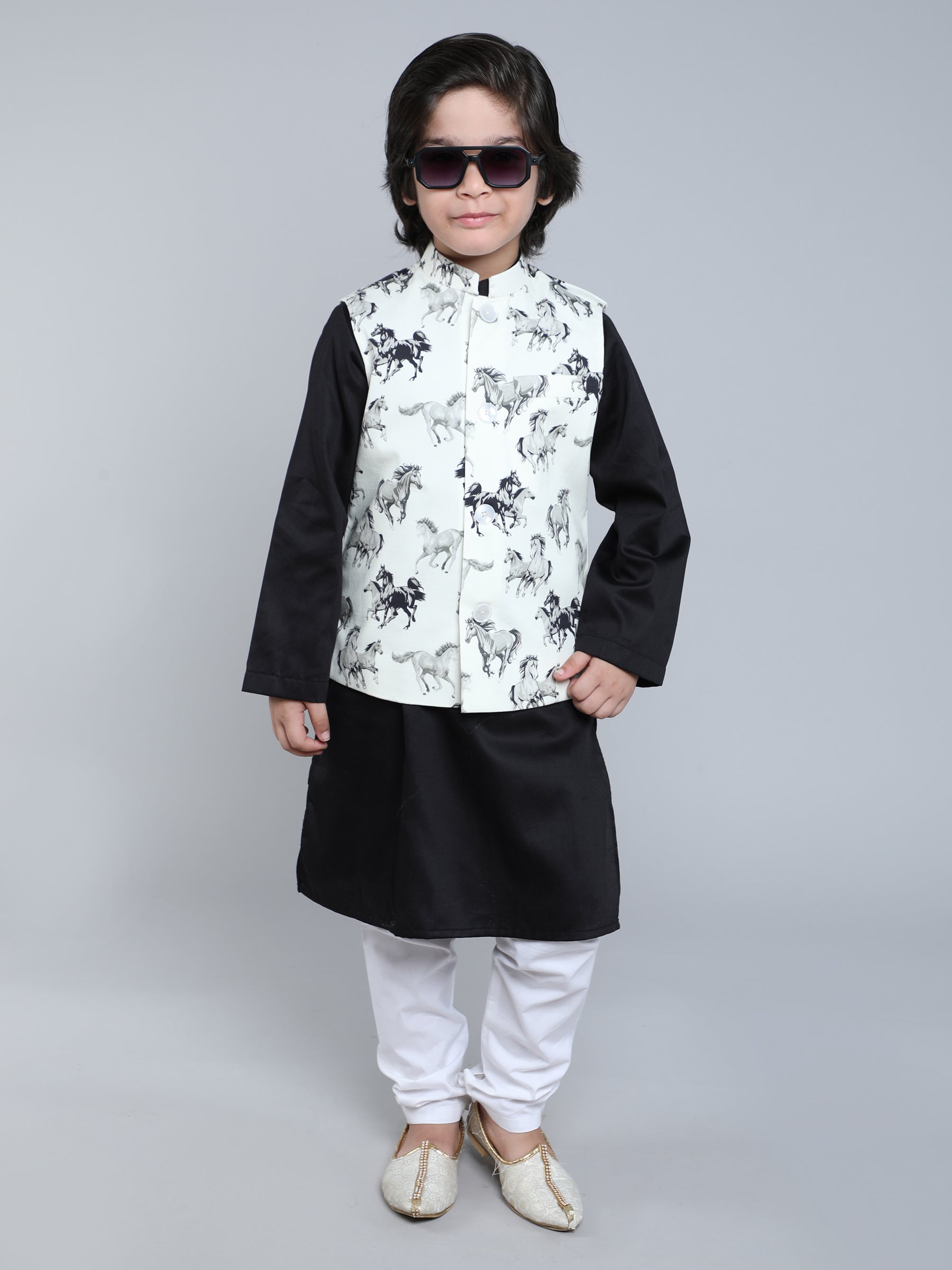Black and White Kurta Set with Horse Print Nehru Jacket