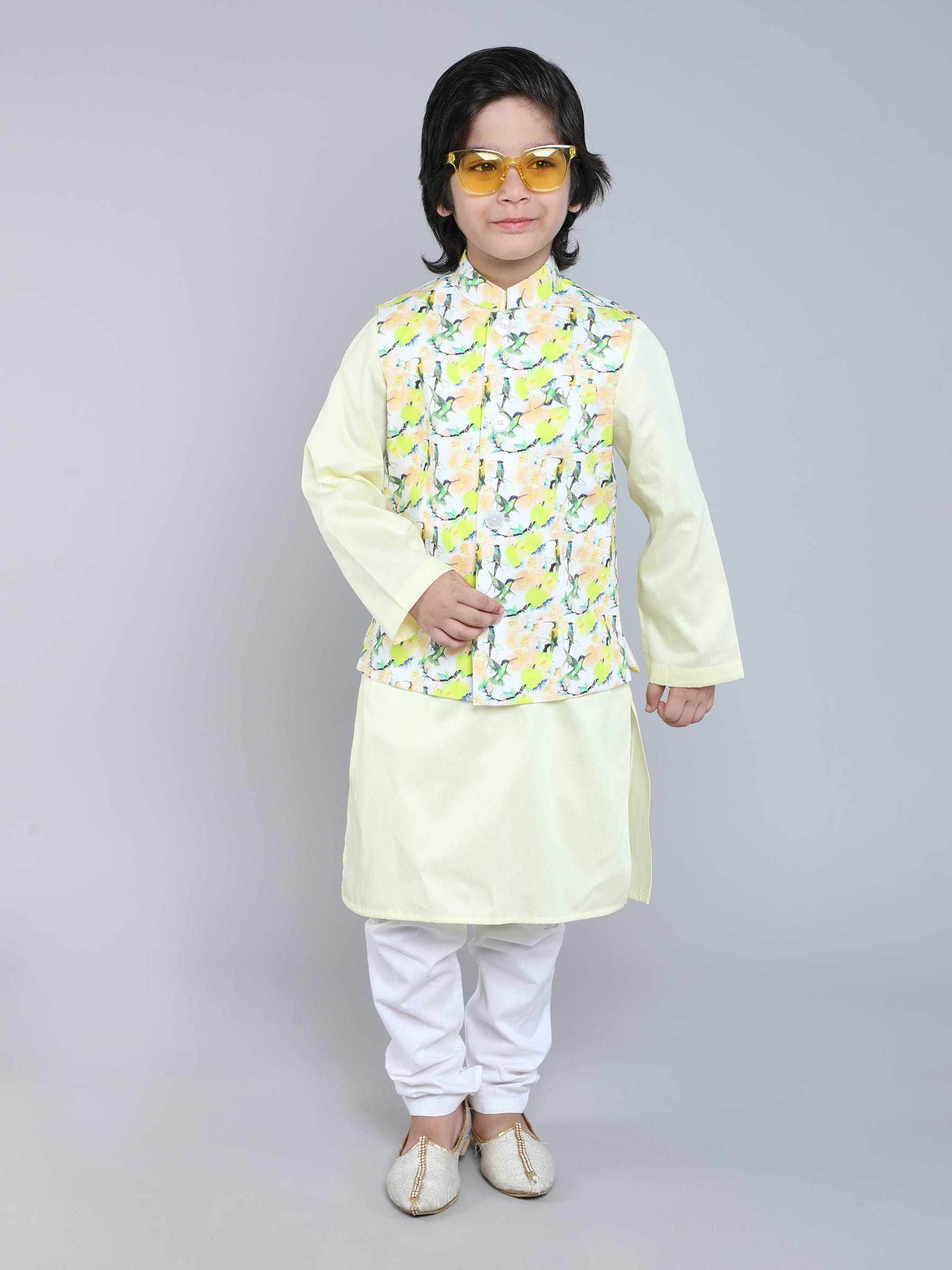 Lemon Yellow Kurta Set with Bird Print Nehru Jacket