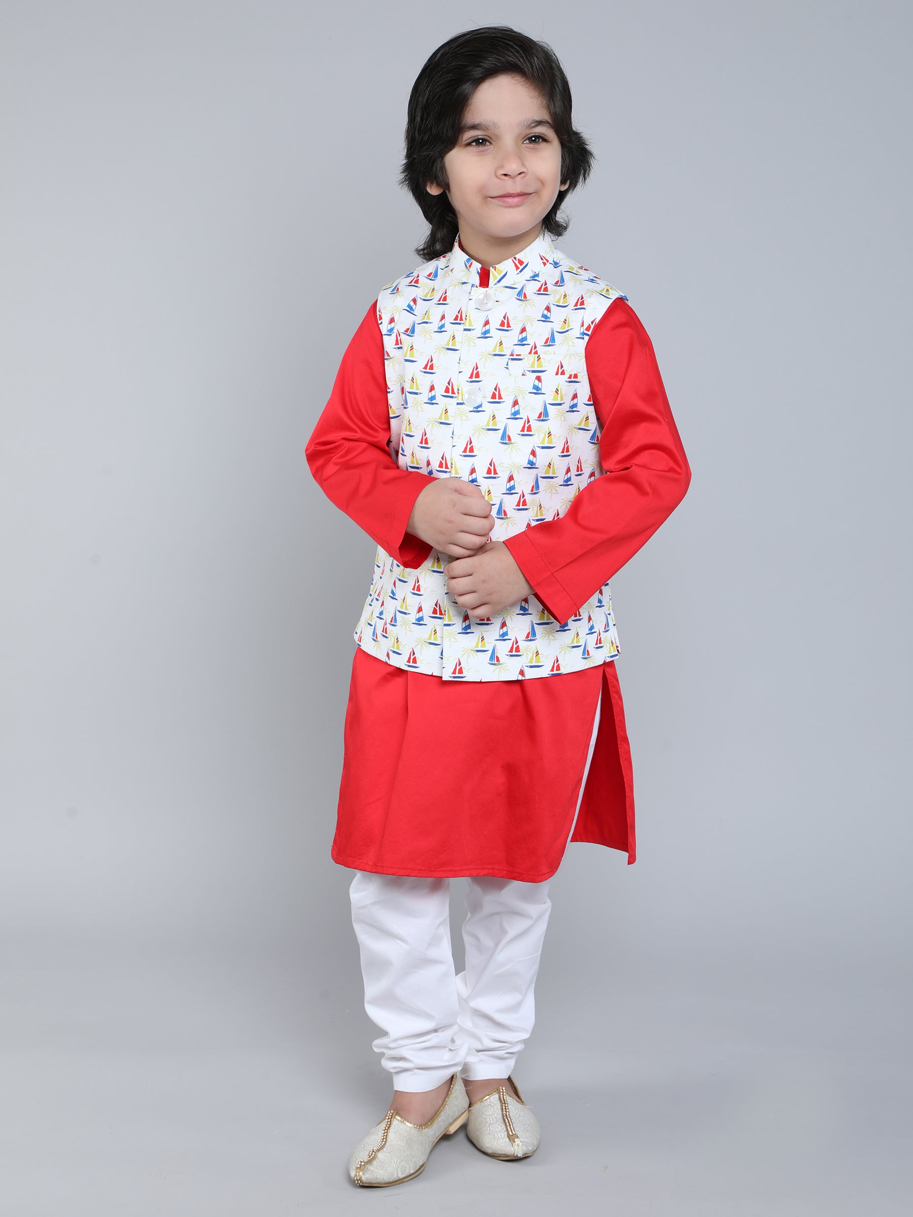 Red Kurta Set with Nautical Print Nehru Jacket