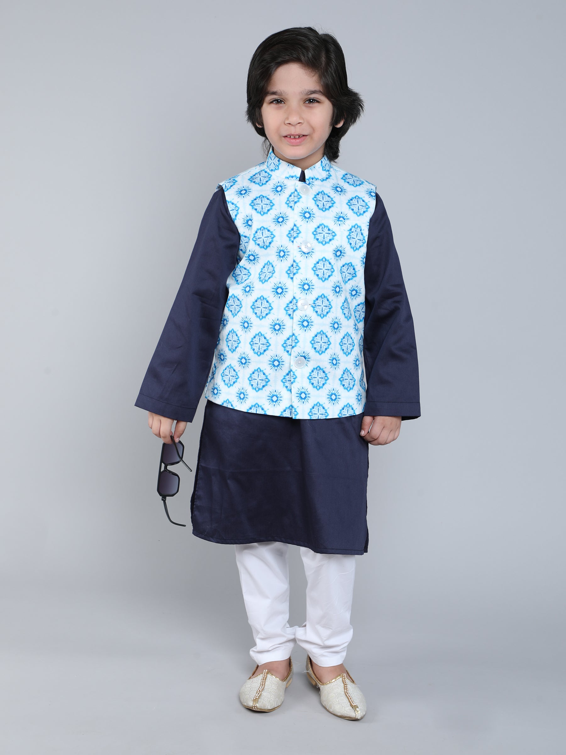 Navy Blue Kurta Set with Shibori Print Nehru Jacket