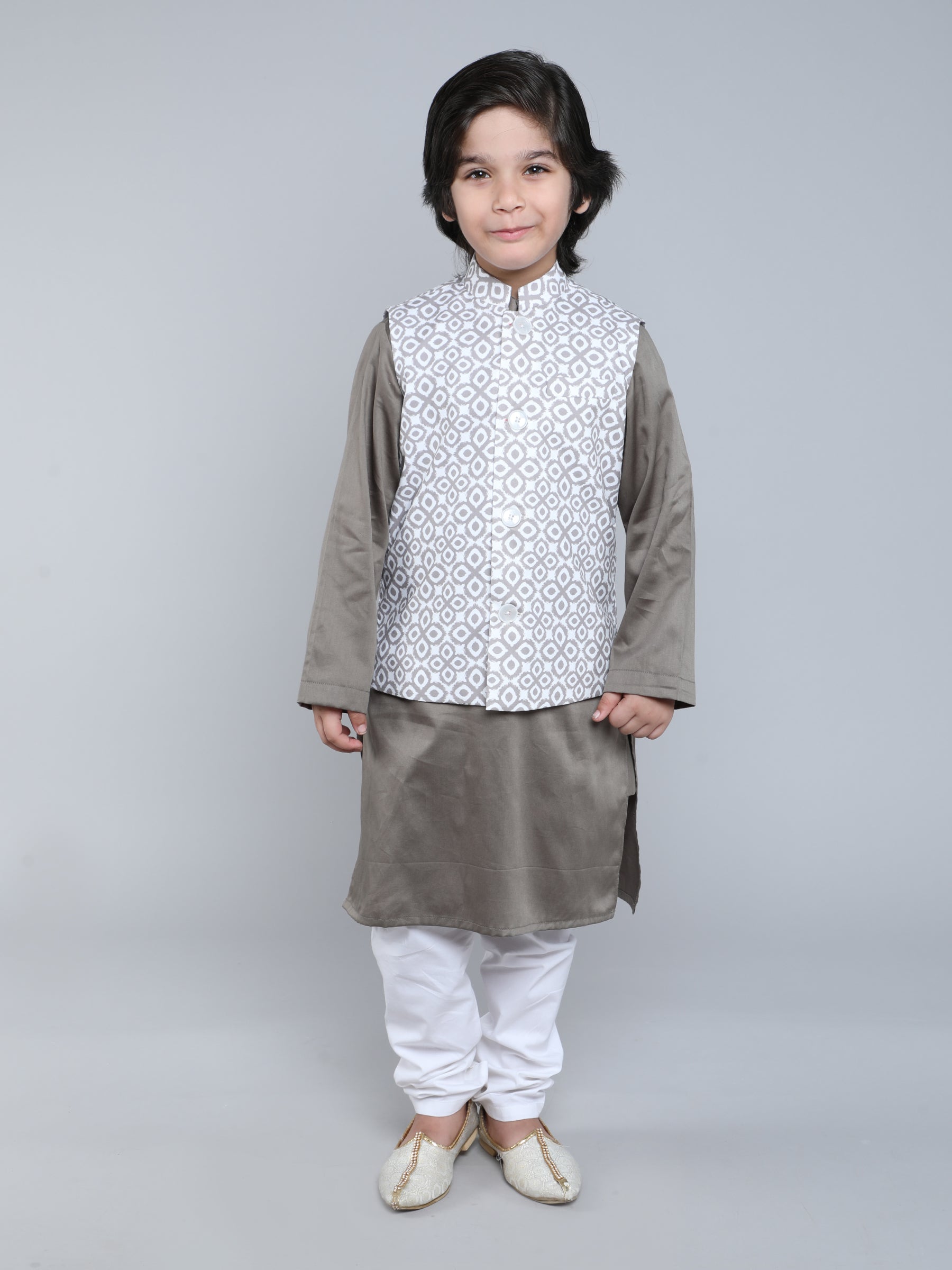 Taupe Kurta Set with Ikat Print Nehru Jacket