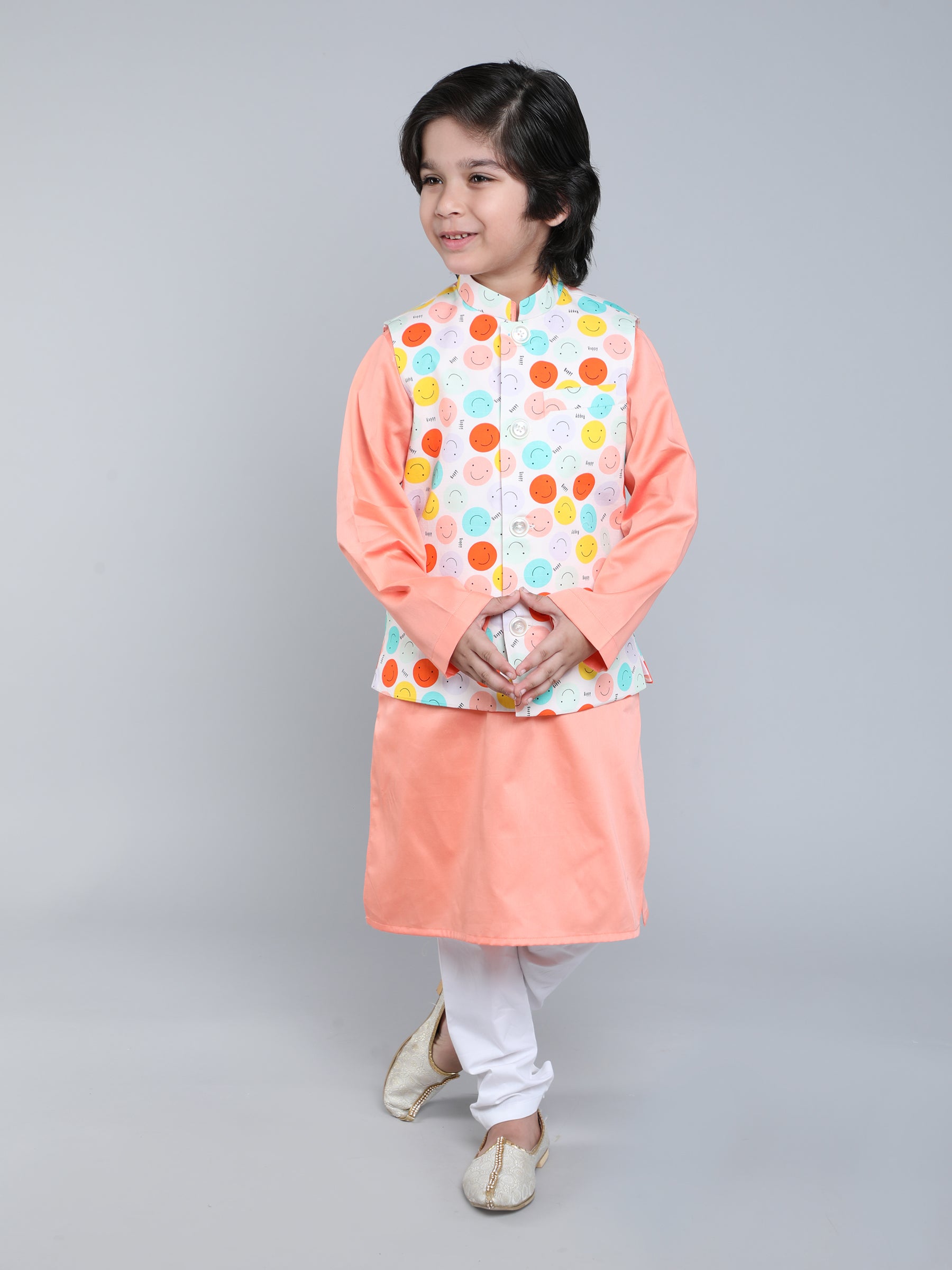 Peach Kurta Set with Smiley Printed Nehru Jacket