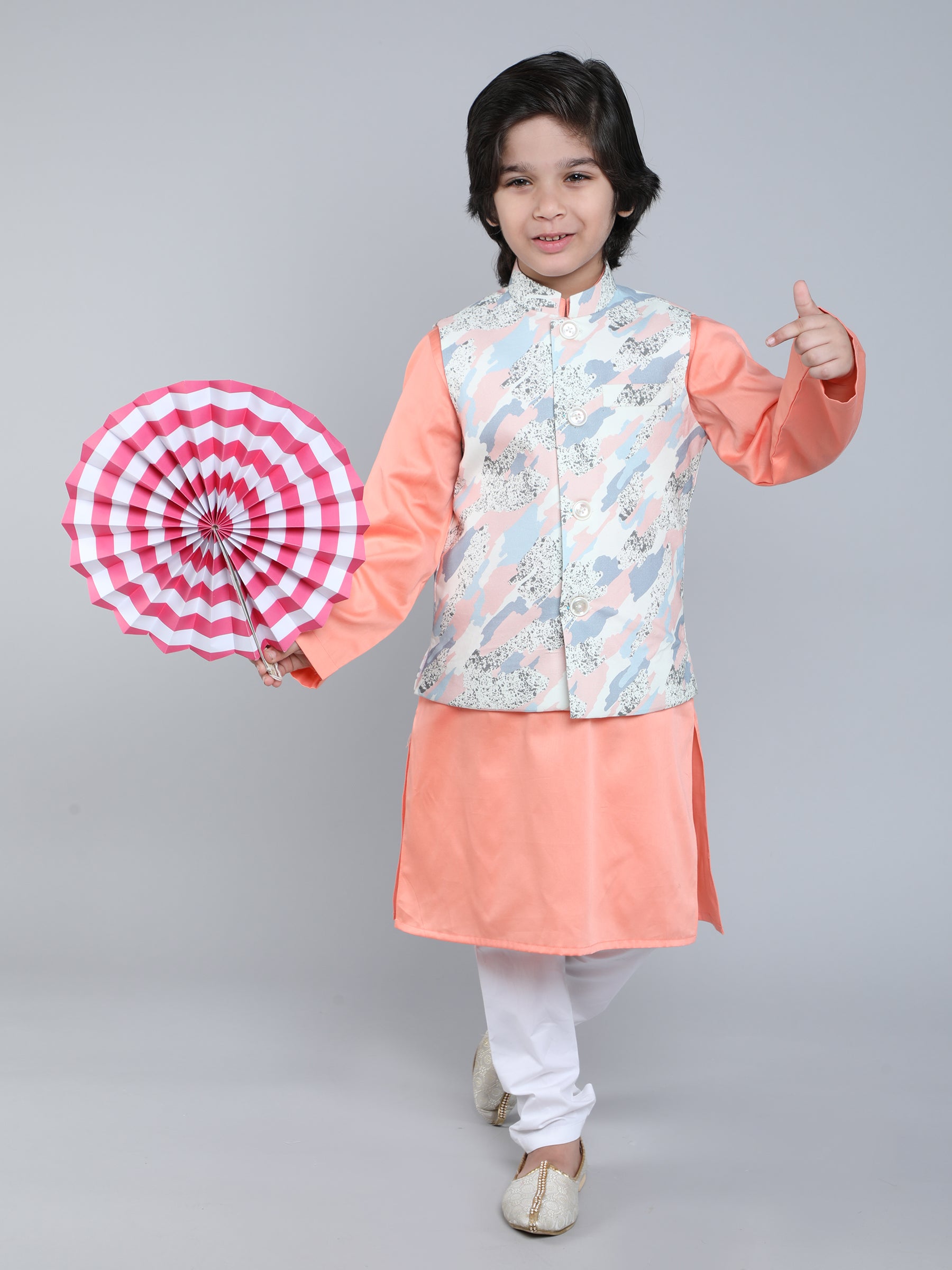 Peach Kurta Set with Abstract Camouflage Printed Nehru Jacket
