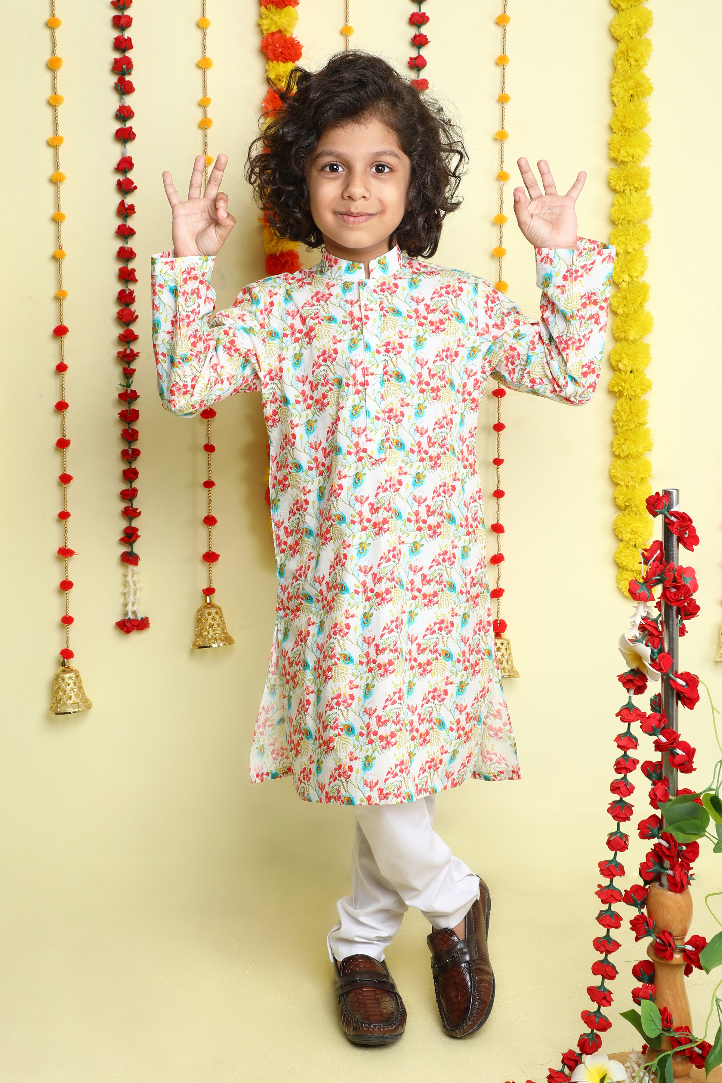 Cream Peacock Bloom Print Cotton Kurta Set