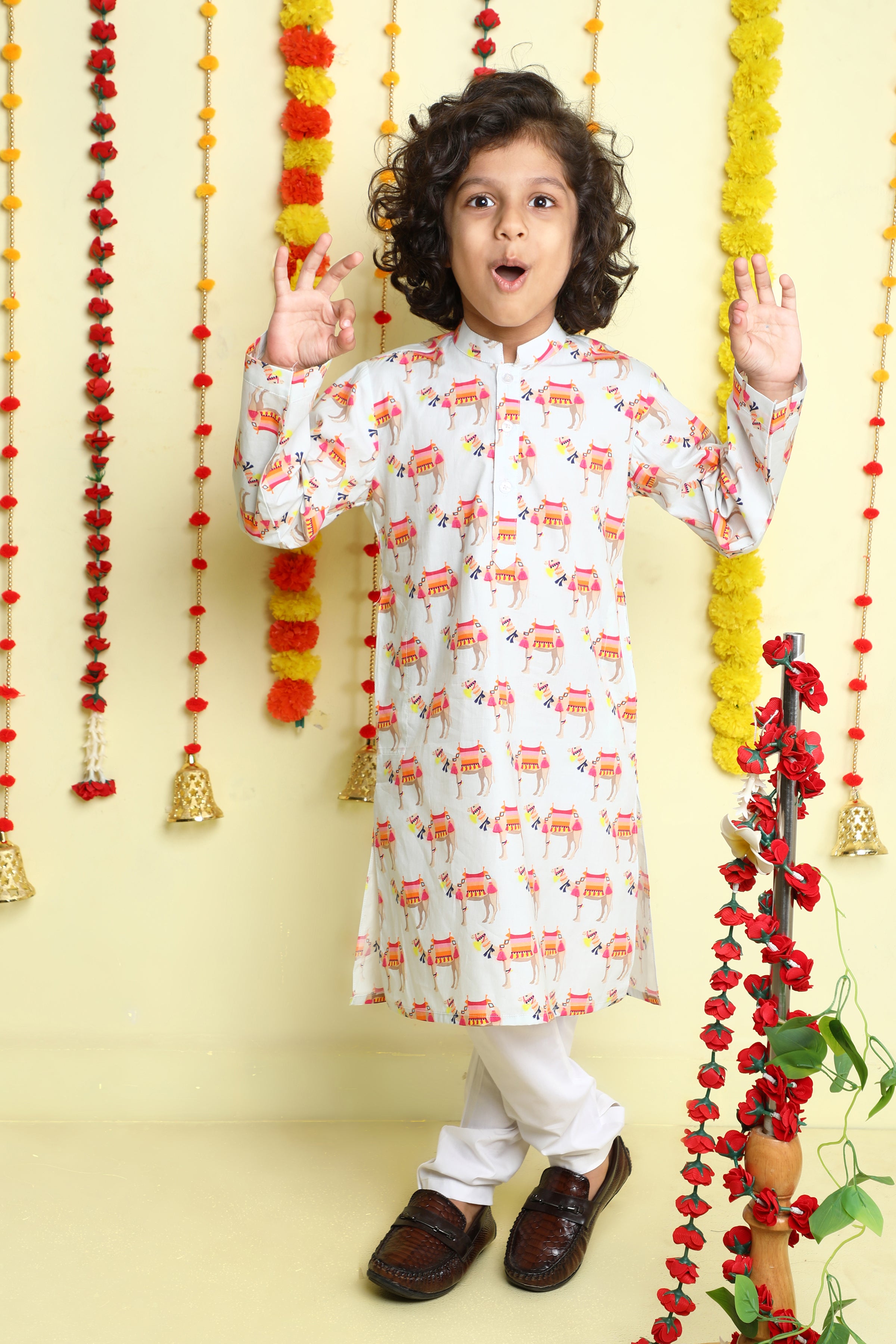 White Carnival Camel Print Cotton Kurta Set