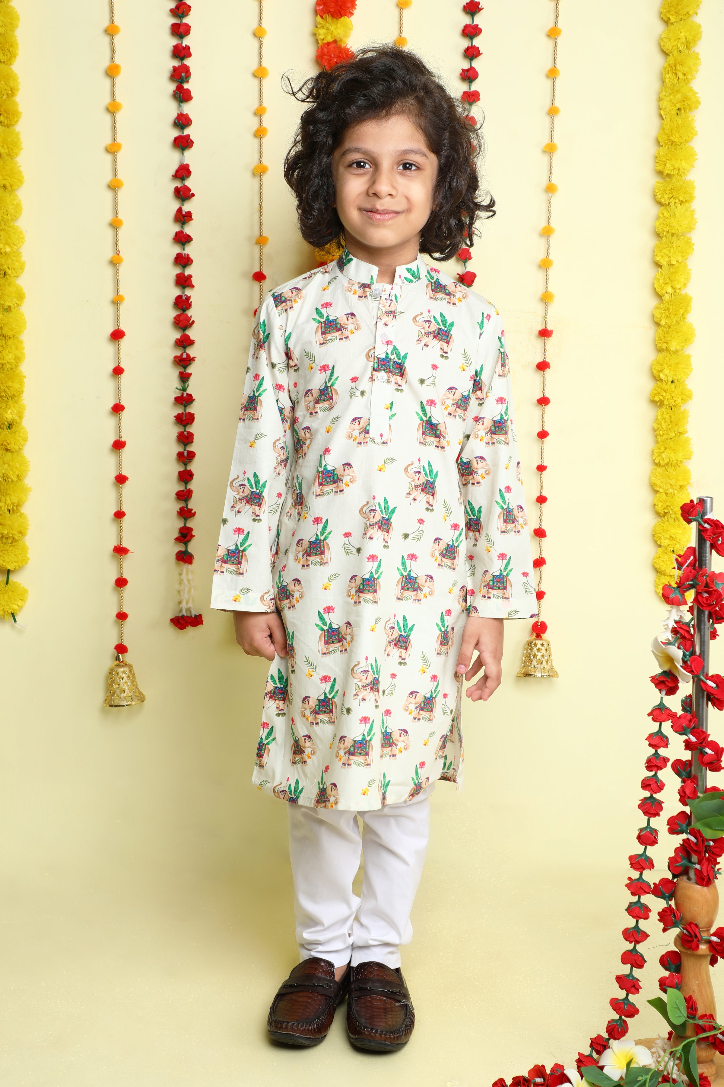 Ivory Heritage Elephant Print Cotton Kurta Set