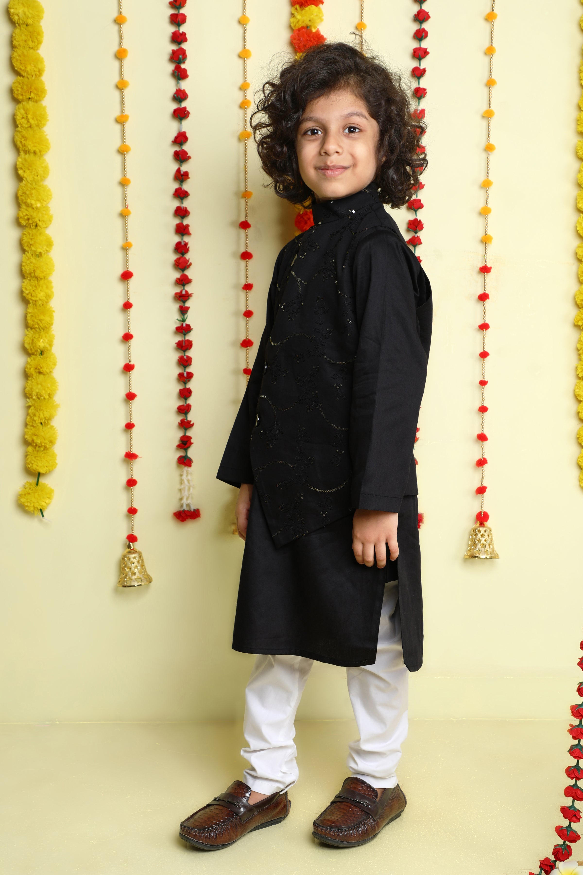 Black Kurta Set with Sequined Jacket