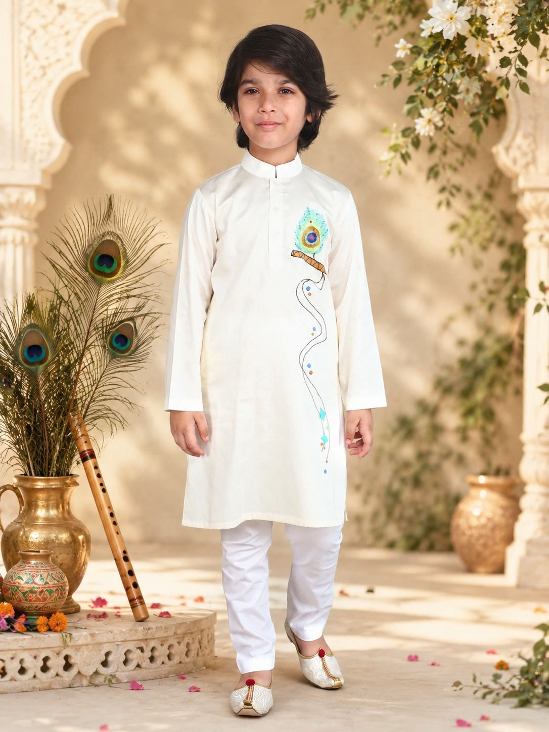 Off White Krishna Flute Hand-Painted Kurta Set