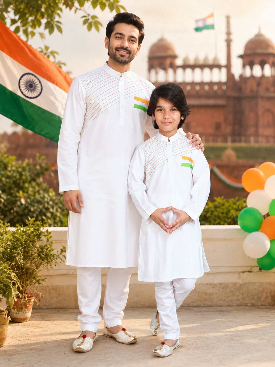White Hand-Painted Indian Flag Themed Kurta Set