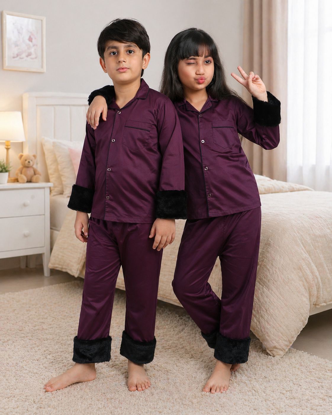 Midnight Plum Luxe Cotton Silk Nightsuit Set with Faux Fur Trims