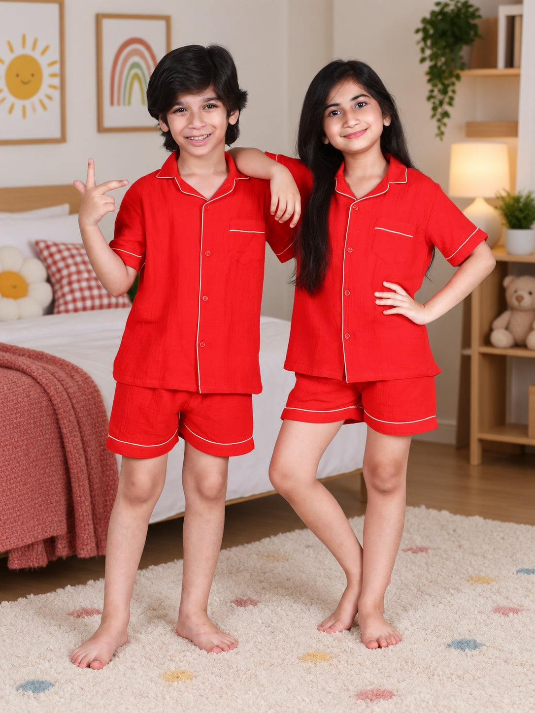 Red Cloud Crinkle Cotton Co-ord Sleep Set