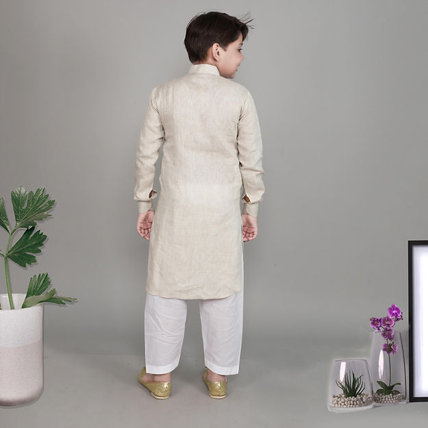 Pure Linen Kurta Set - single thread work - Beige
