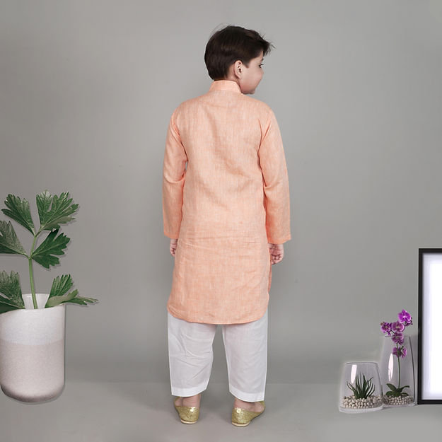 Pure Linen Kurta Set - pleating work - Peach
