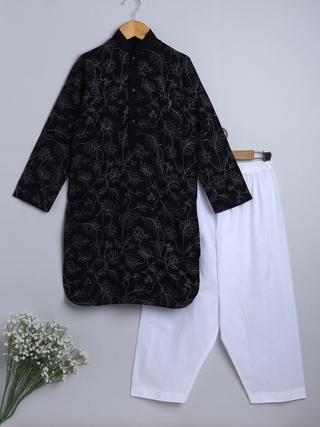 Pure Linen Kurta Set - white single thread embroidery - Black