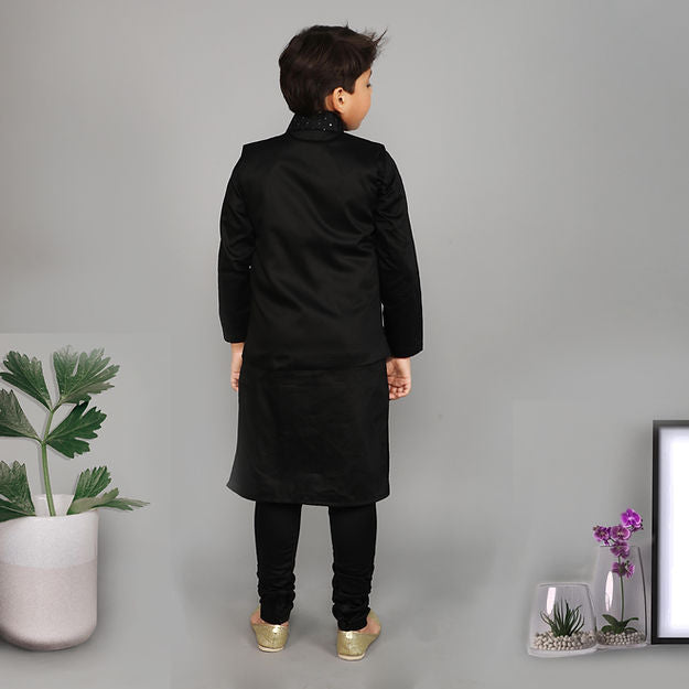 Cotton silk 3pcs Kurta Set - sequins and self colored thread embroidery - Black