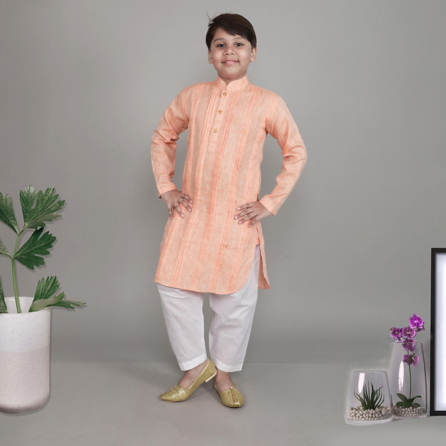 Pure Linen Kurta Set - pleating work - Peach