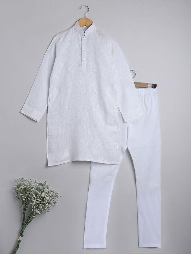 Pure Linen White colour - hand embroidery - kurta set