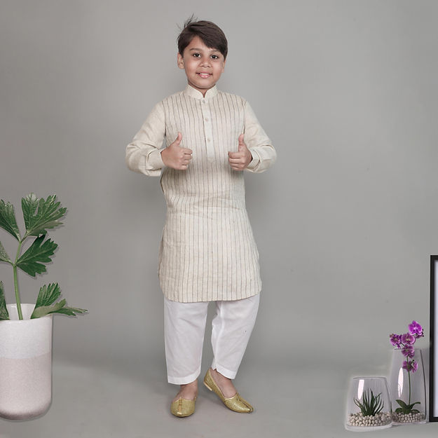 Pure Linen Kurta Set - single thread work - Beige