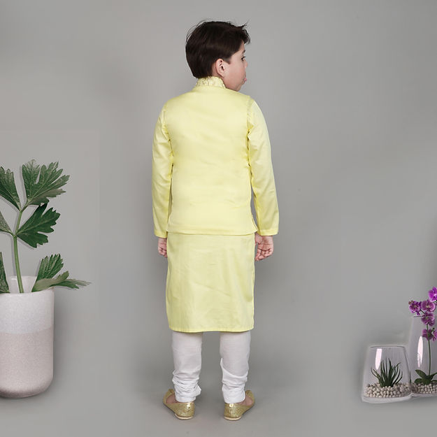 Cotton Silk 3pcs Kurta Set - zari and self coloured thread embroidery - Yellow