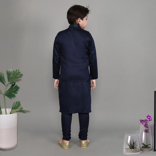 Cotton Silk 3pcs Kurta Set - sequins & self colored thread embroidery - Navy Blue