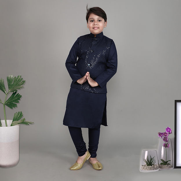 Cotton Silk 3pcs Kurta Set - sequins & self colored thread embroidery - Navy Blue