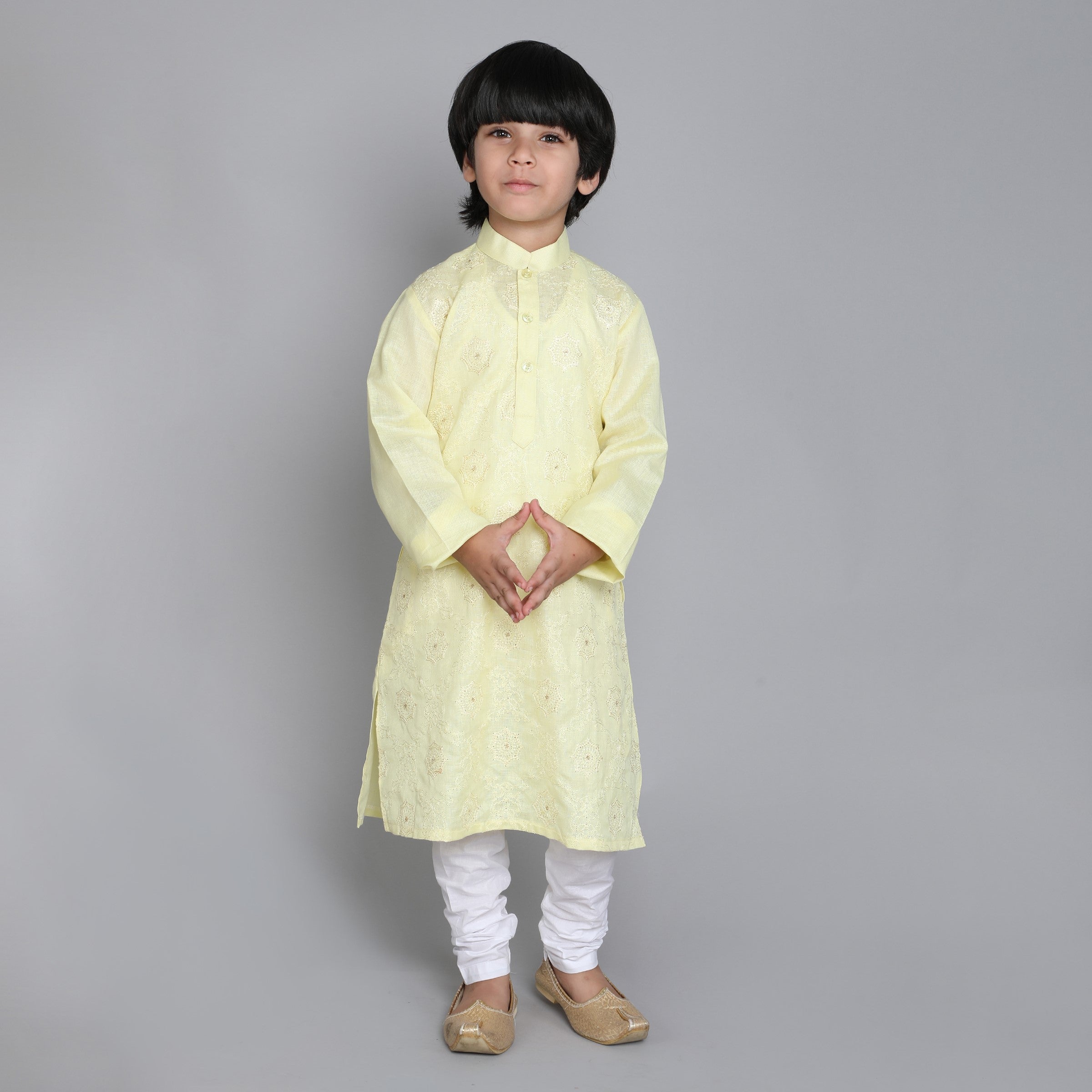 Pure Linen  Kurta Set -  Self Color  Embroidery - Yellow