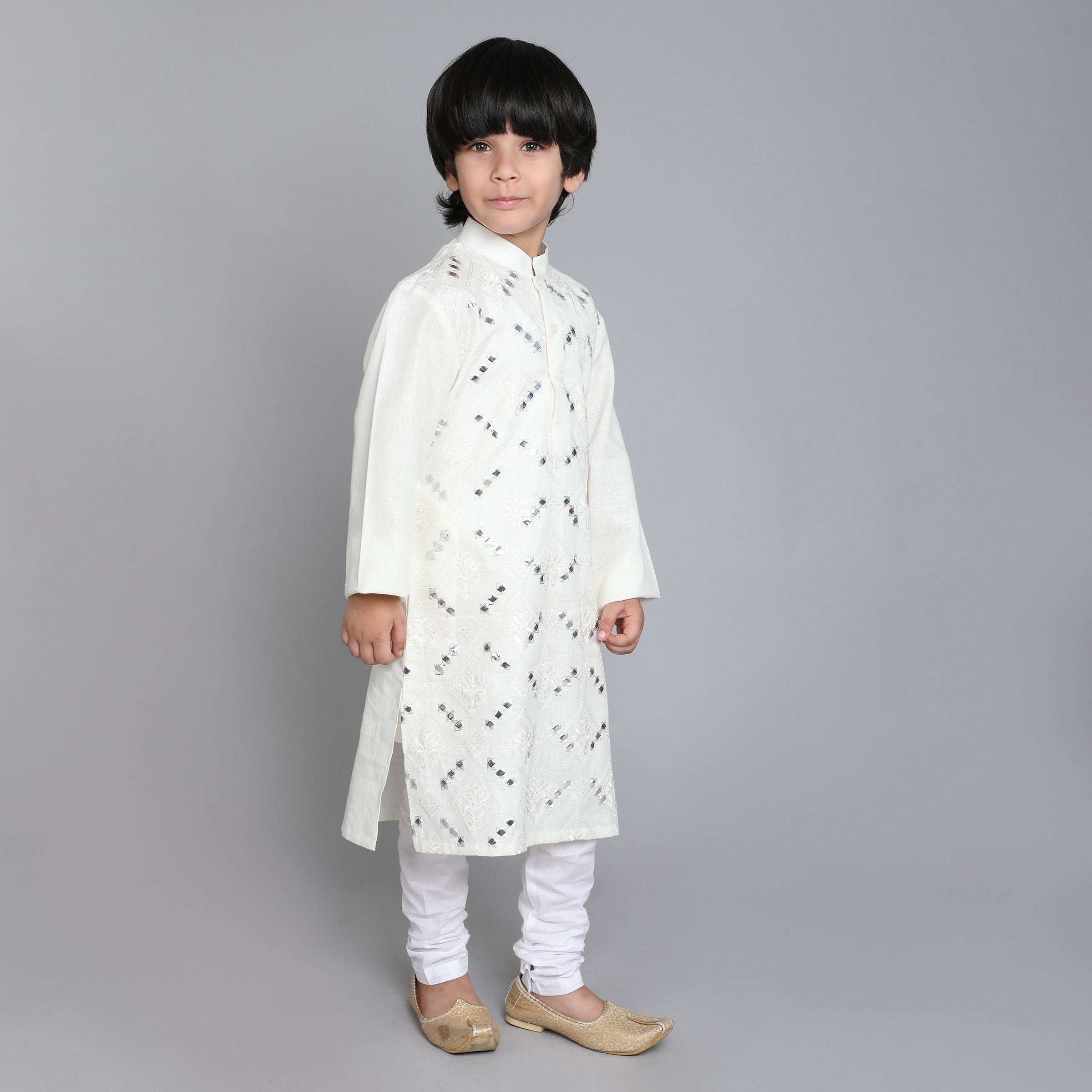 Pure Linen  Kurta Set - Mirror Embroidery - Cream