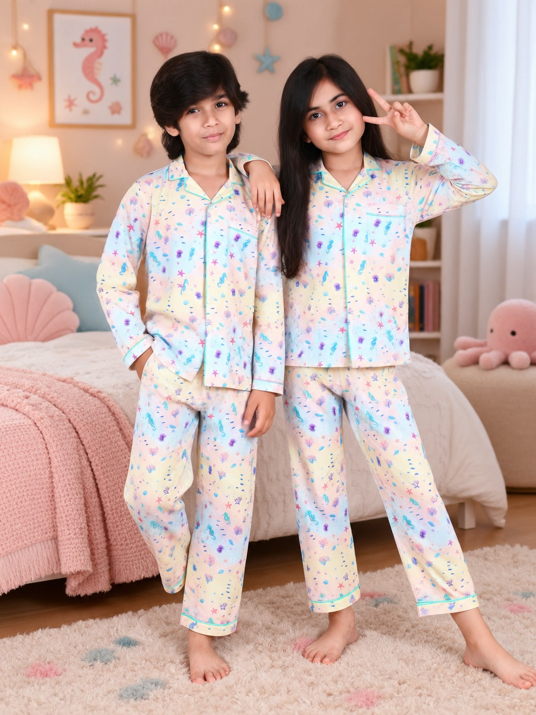Pastel Ocean Print Cotton Night suit Set