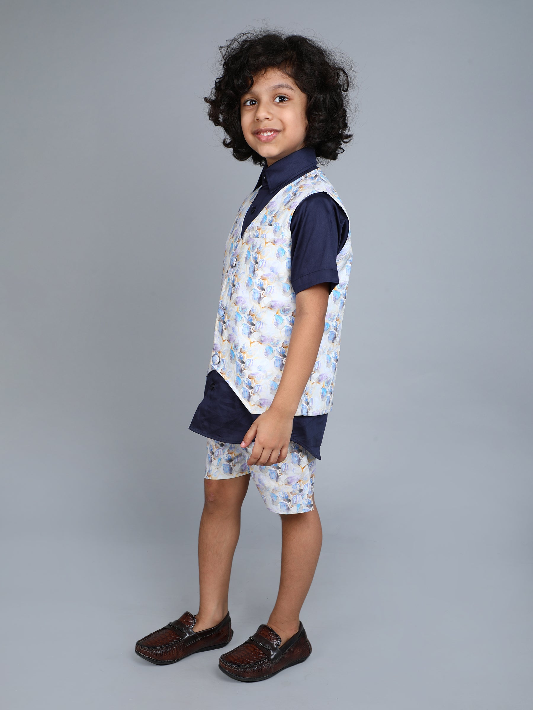 Pure Cotton silk solid Shirt and matching printed Shorts and Waistcoat Set - Navy Blue