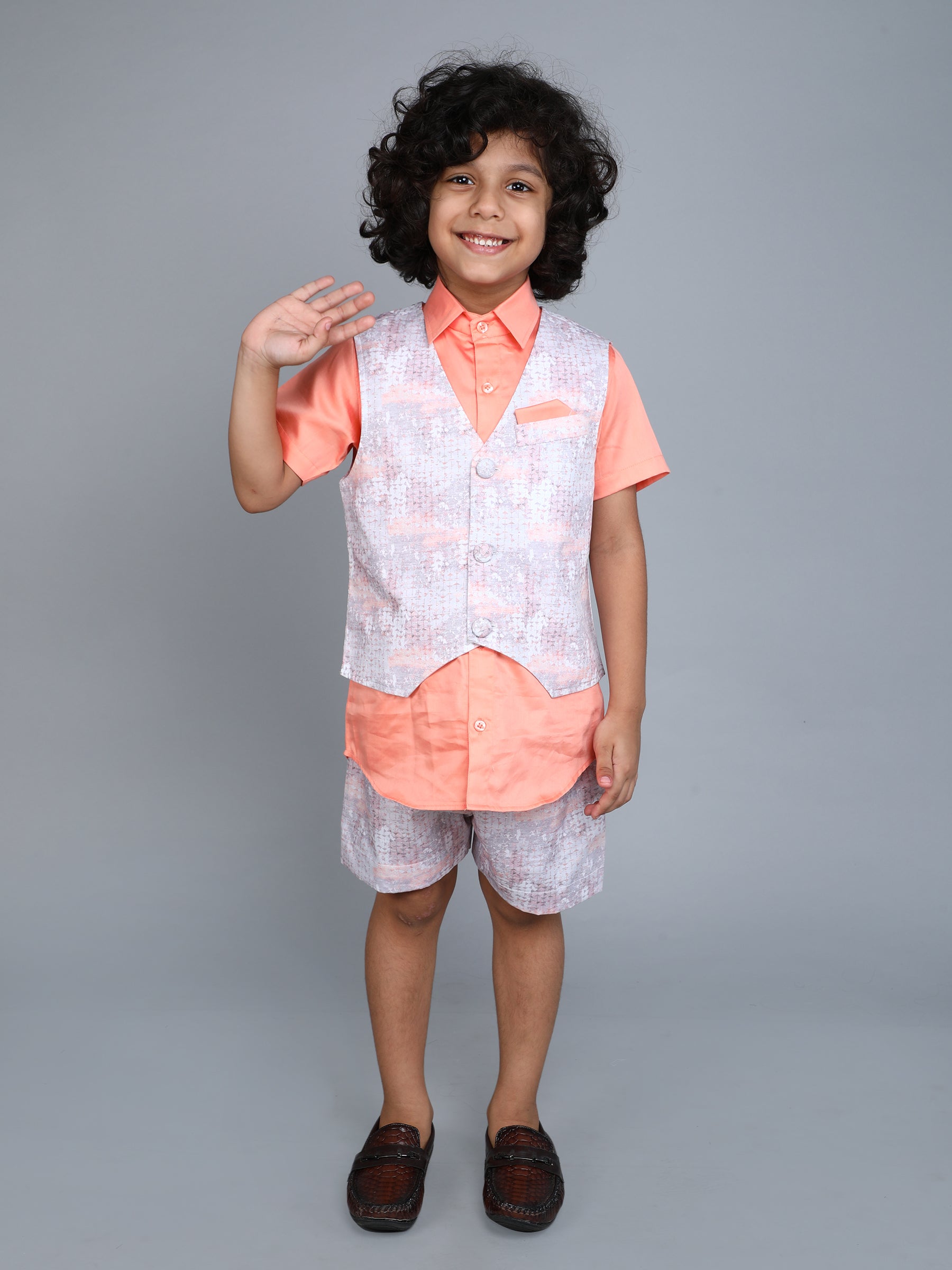 Pure Cotton silk solid Shirt and matching printed Shorts and Waistcoat Set - peach
